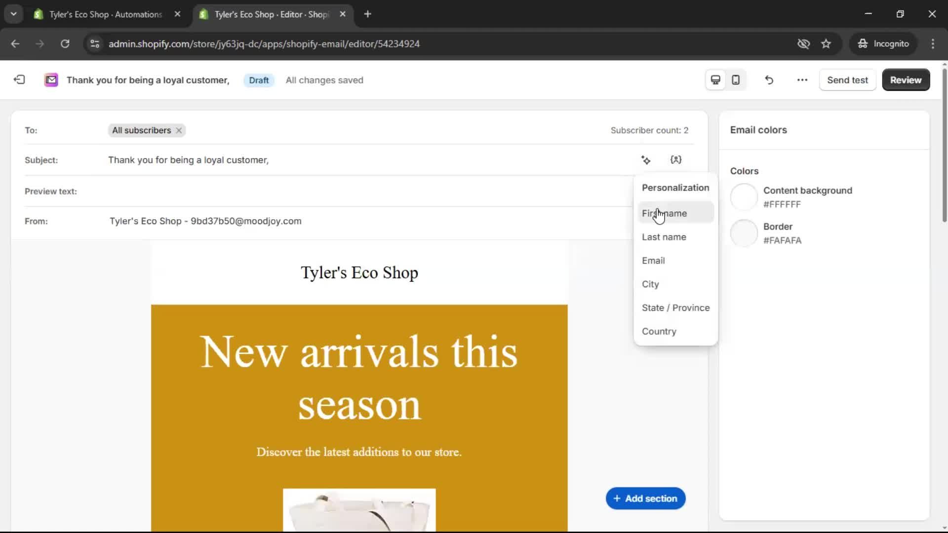 Creating an email campaign screenshot