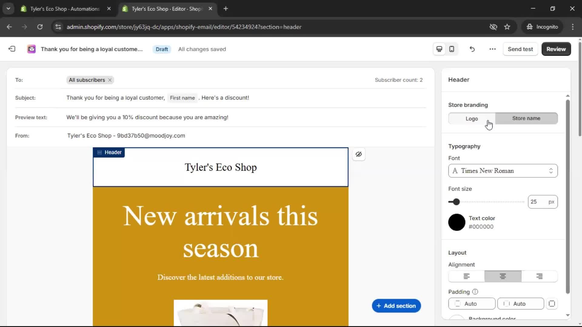 Creating an email campaign screenshot
