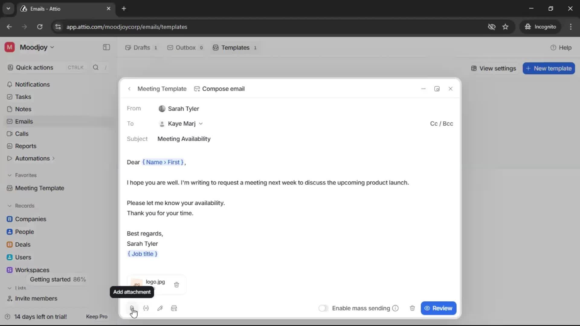 Creating email template screenshot