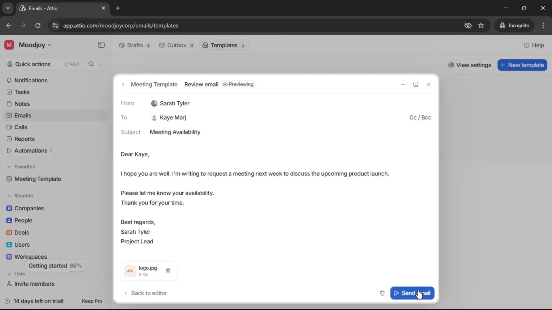 Creating email template screenshot