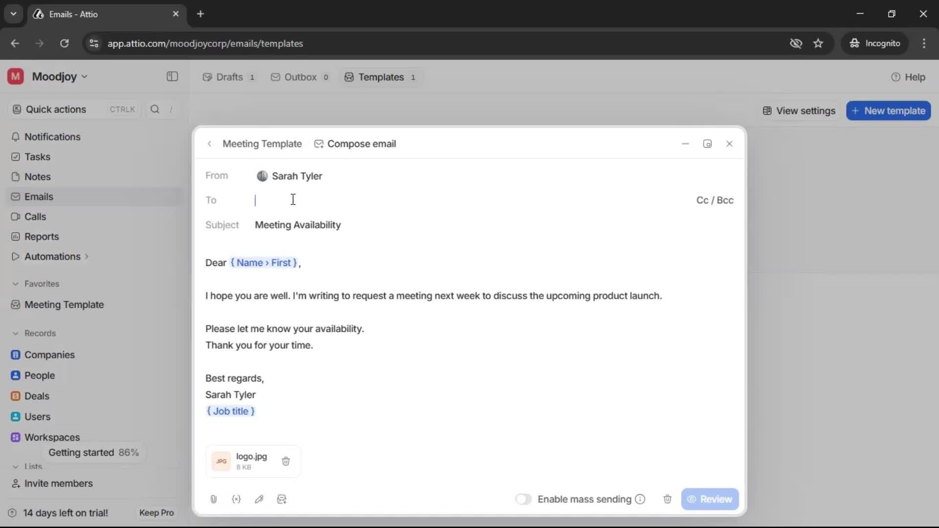 Creating email template screenshot