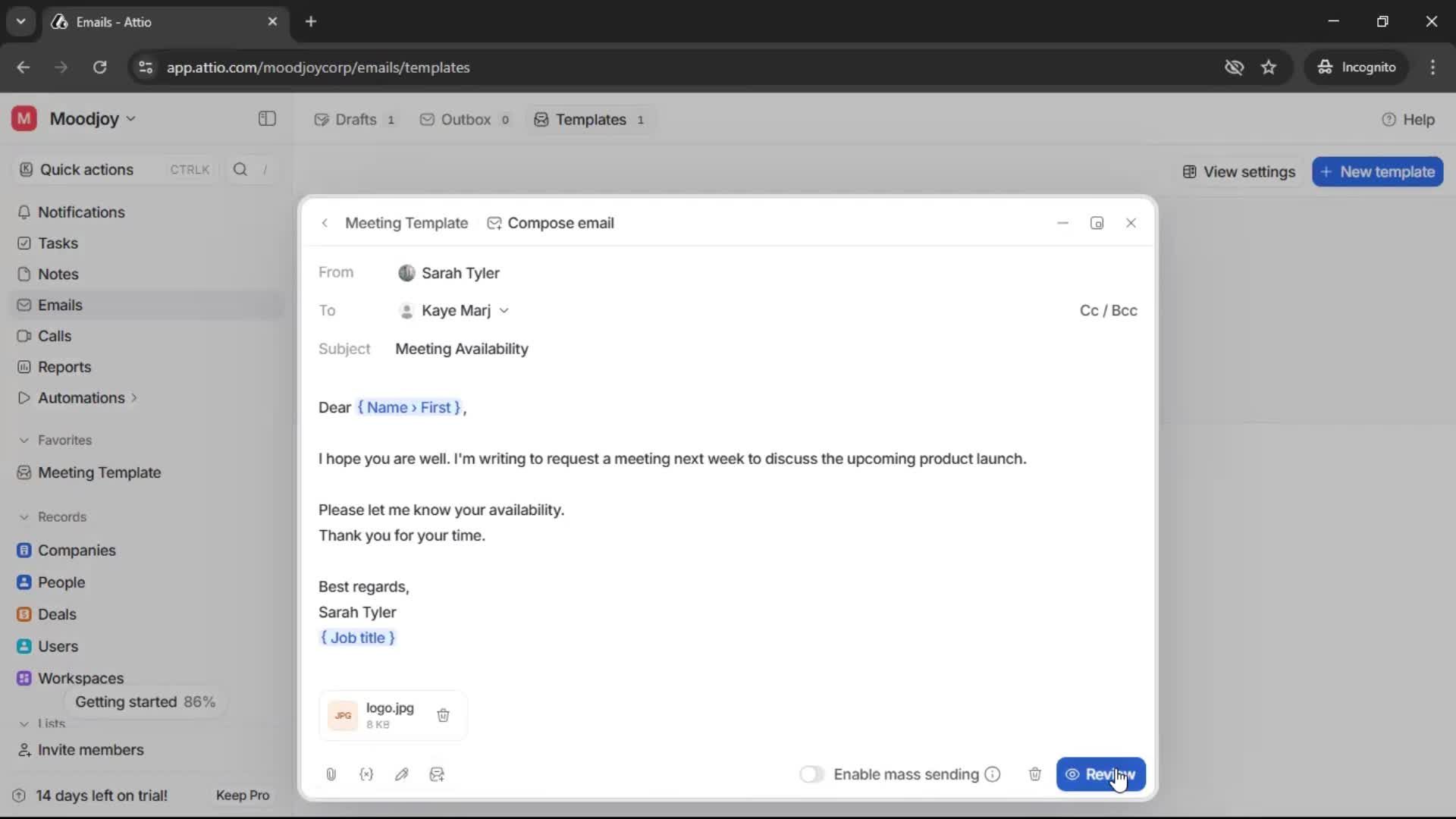 Creating email template screenshot