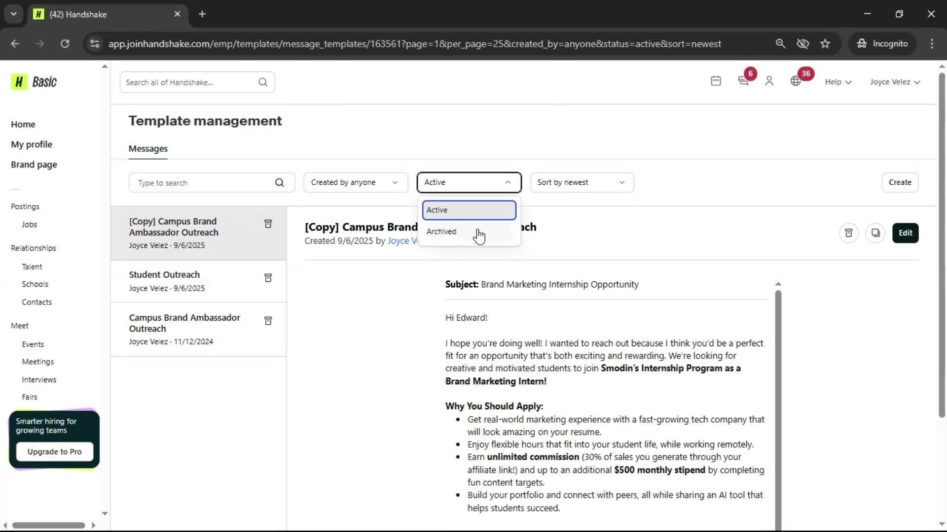 Creating email template on Handshake video thumbnail
