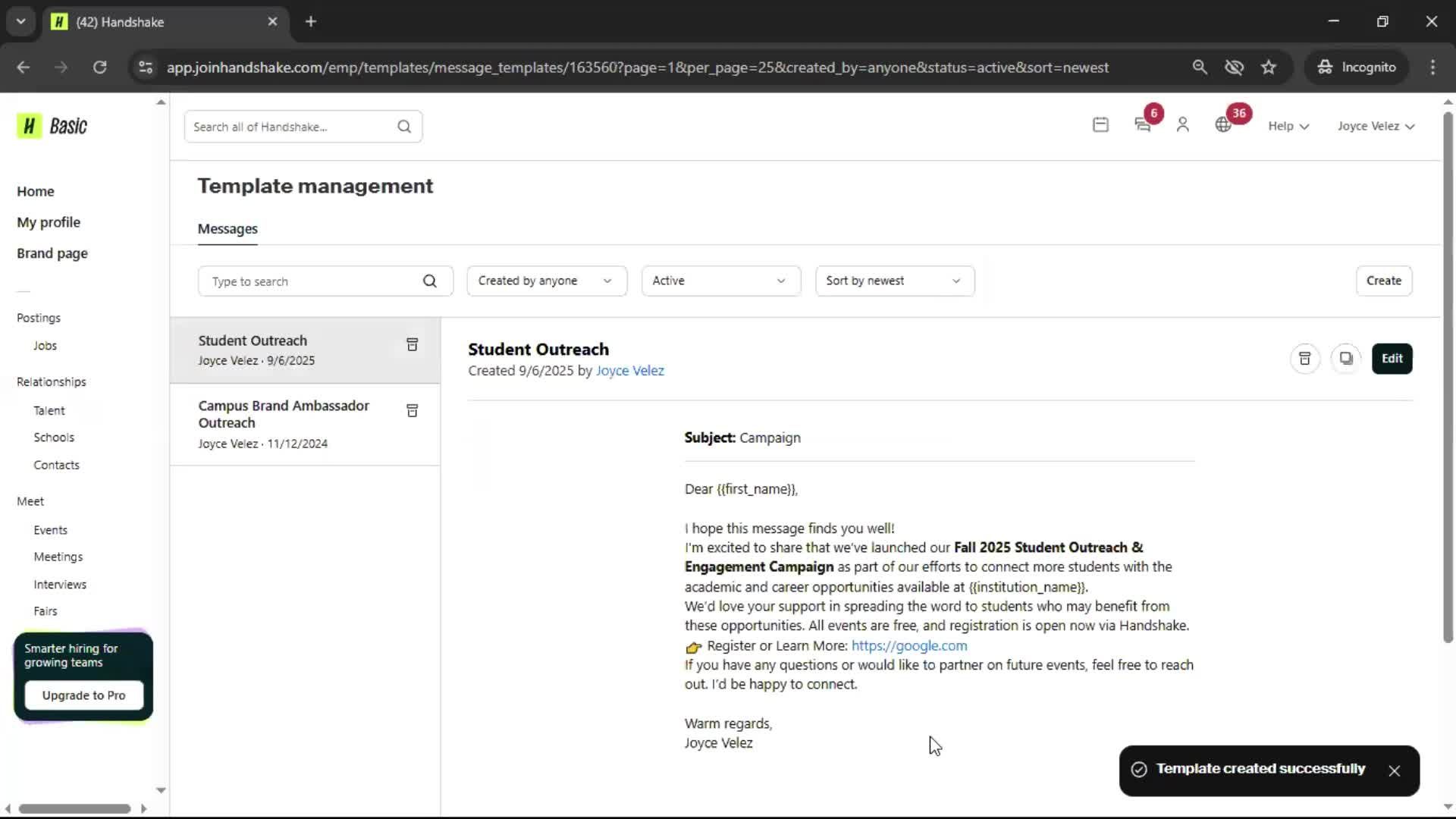 Creating email template on Handshake video thumbnail