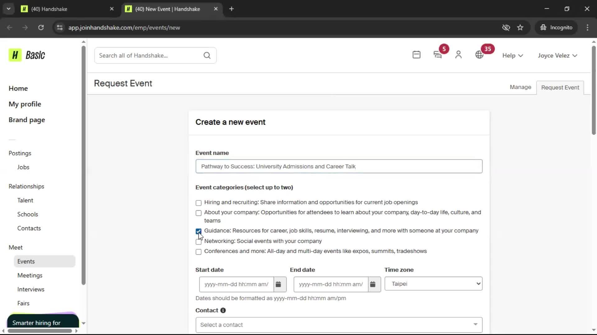 Creating an event on Handshake video thumbnail
