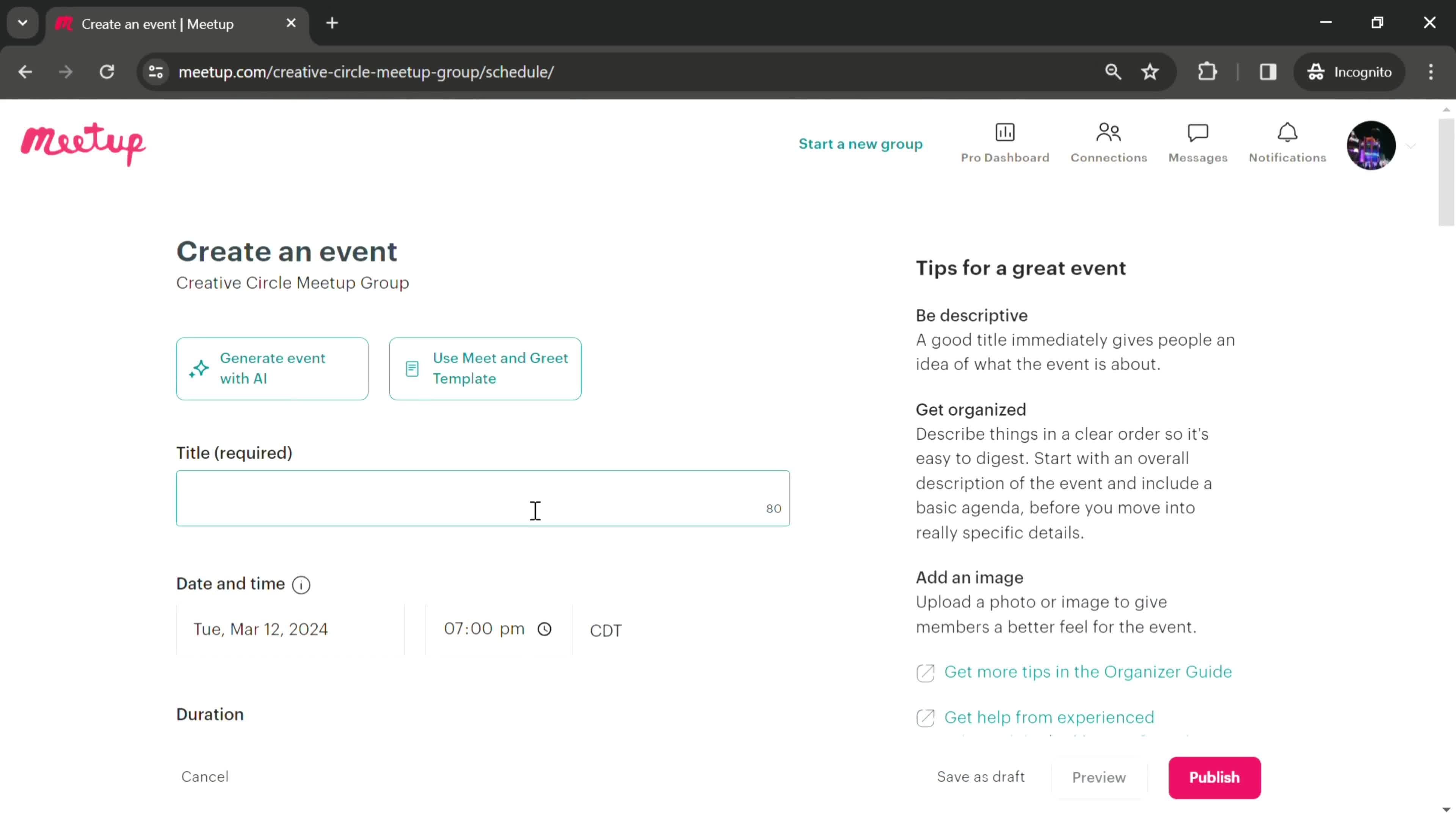 Creating an event screenshot