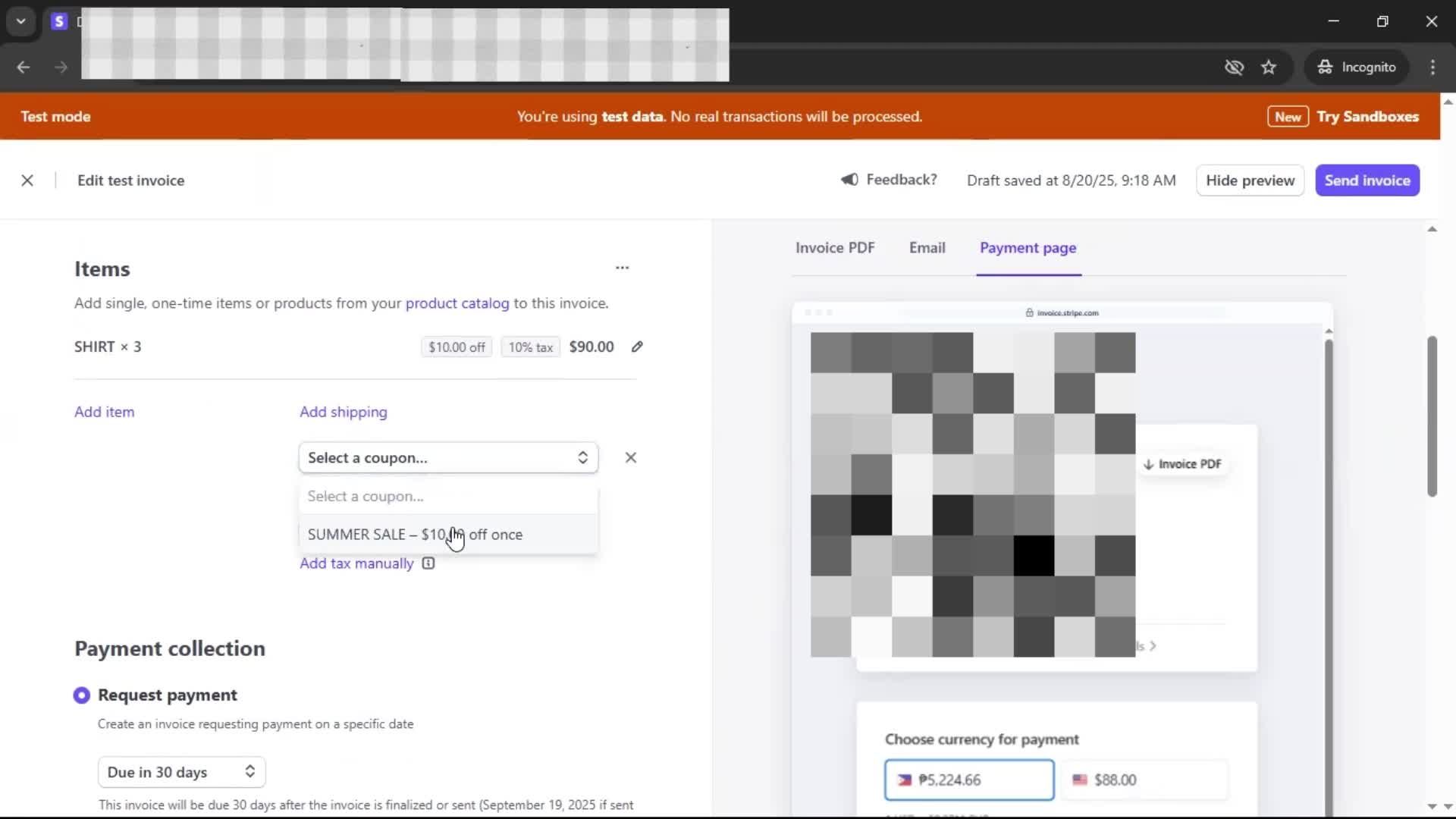 Creating an invoice screenshot