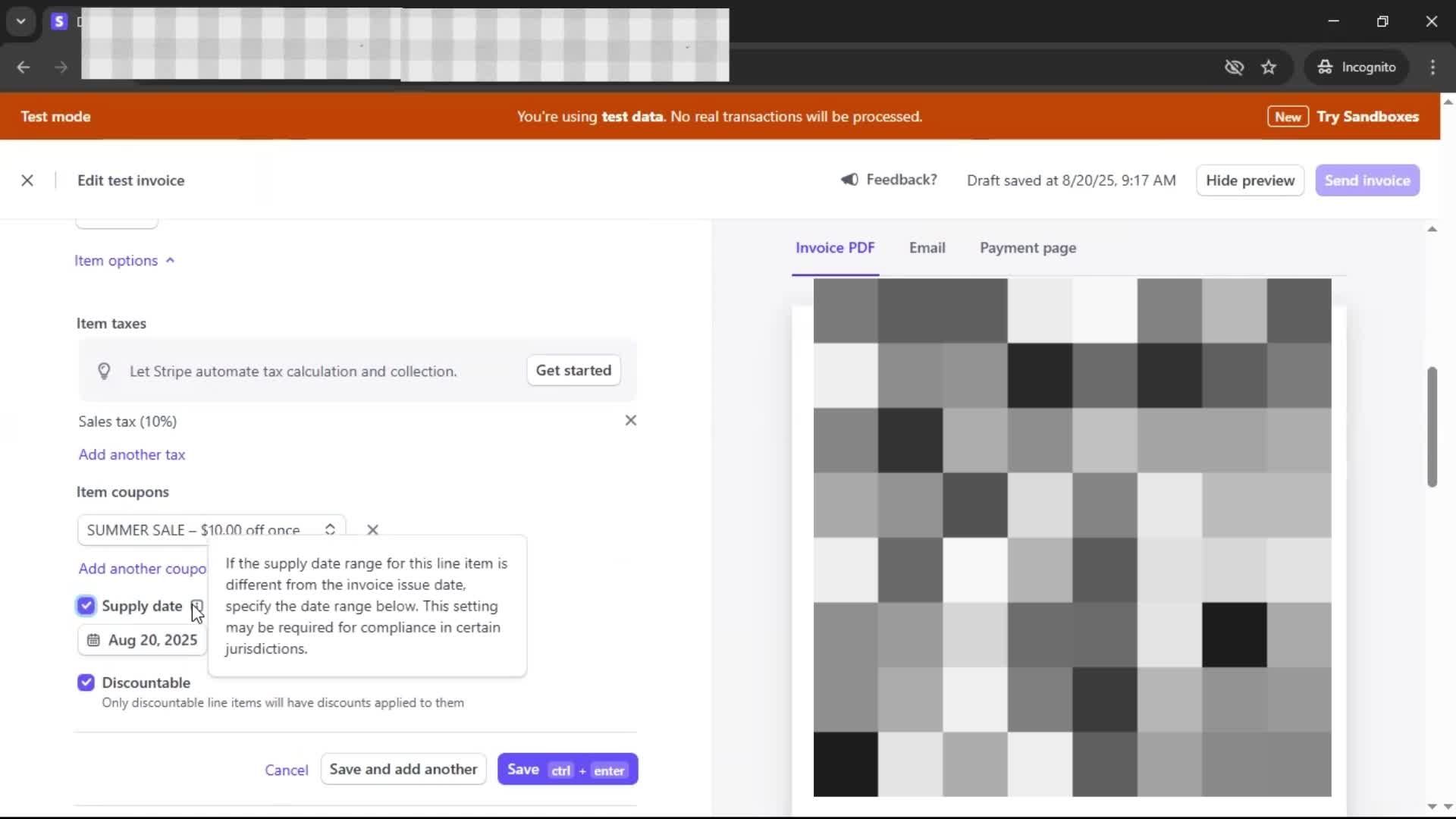 Creating an invoice screenshot