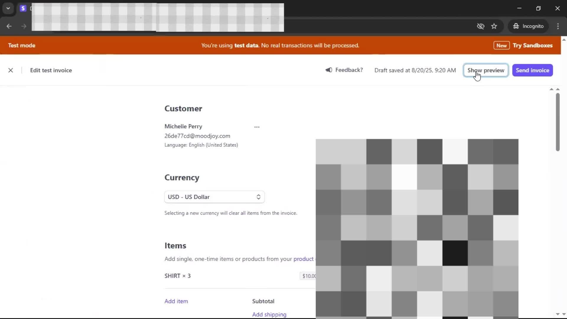 Creating an invoice screenshot