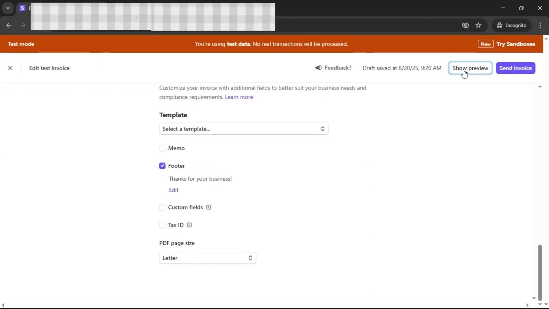 Creating an invoice screenshot