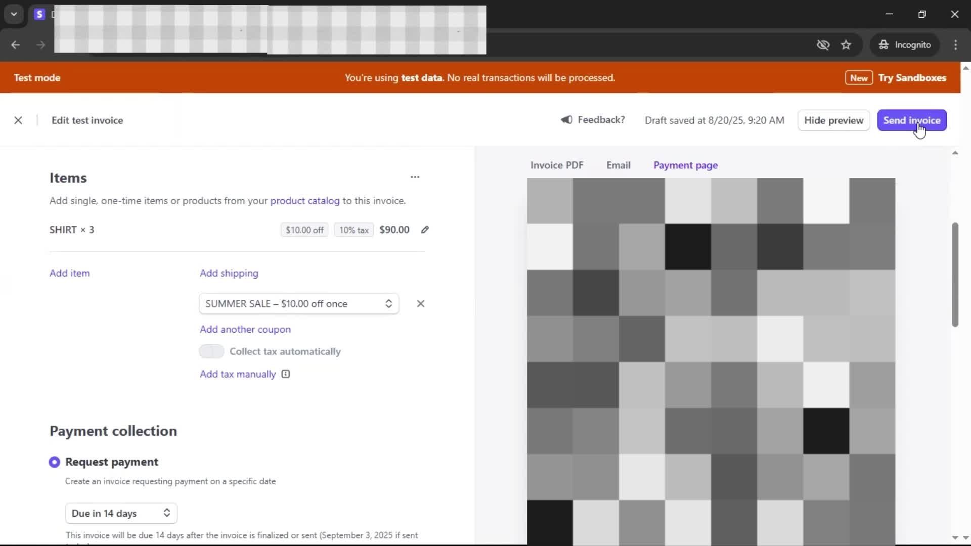 Creating an invoice screenshot