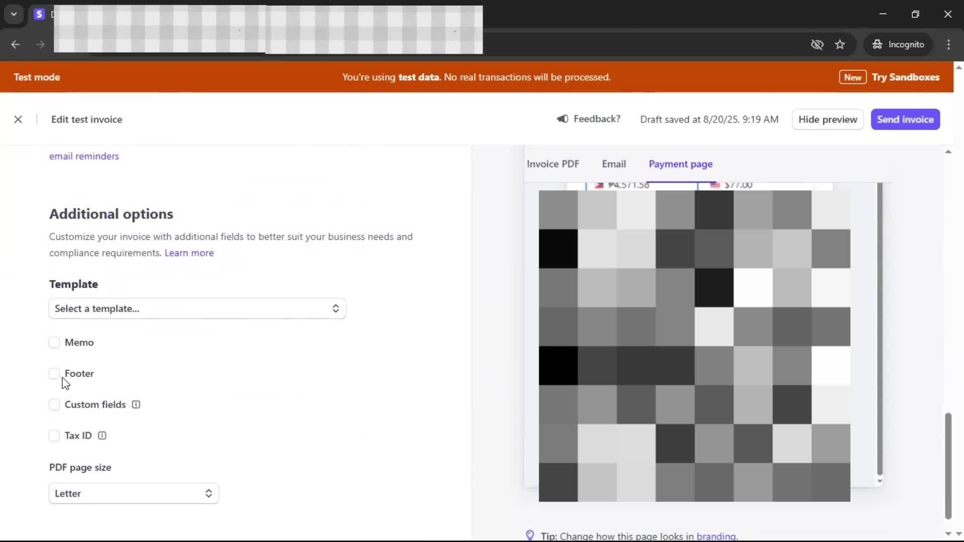 Creating an invoice screenshot