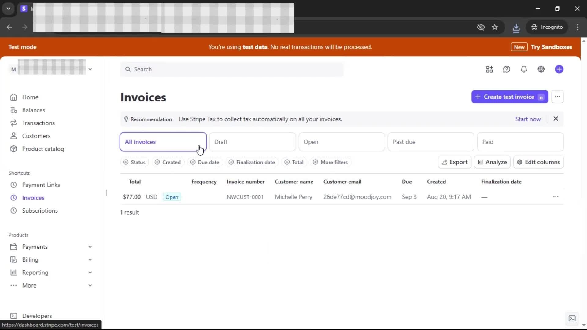 Creating an invoice screenshot