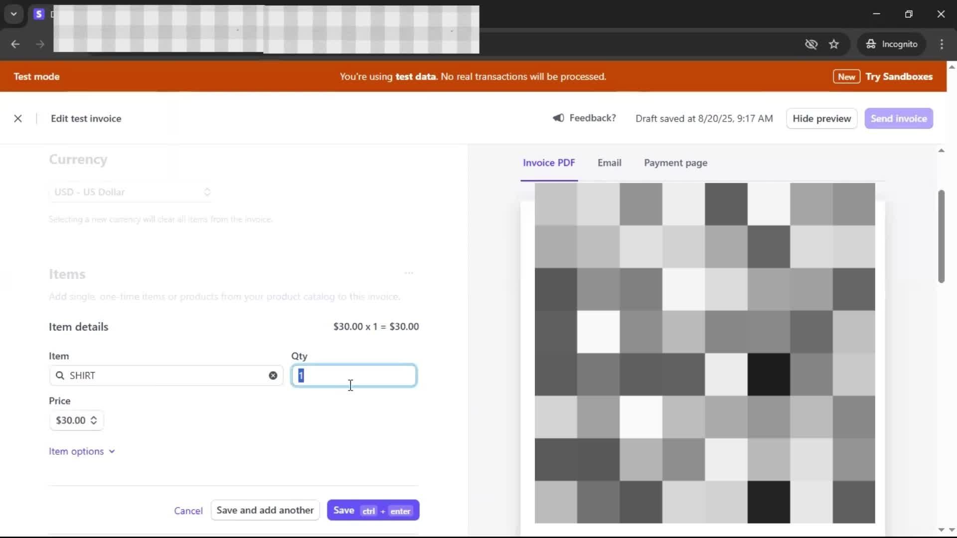Creating an invoice screenshot