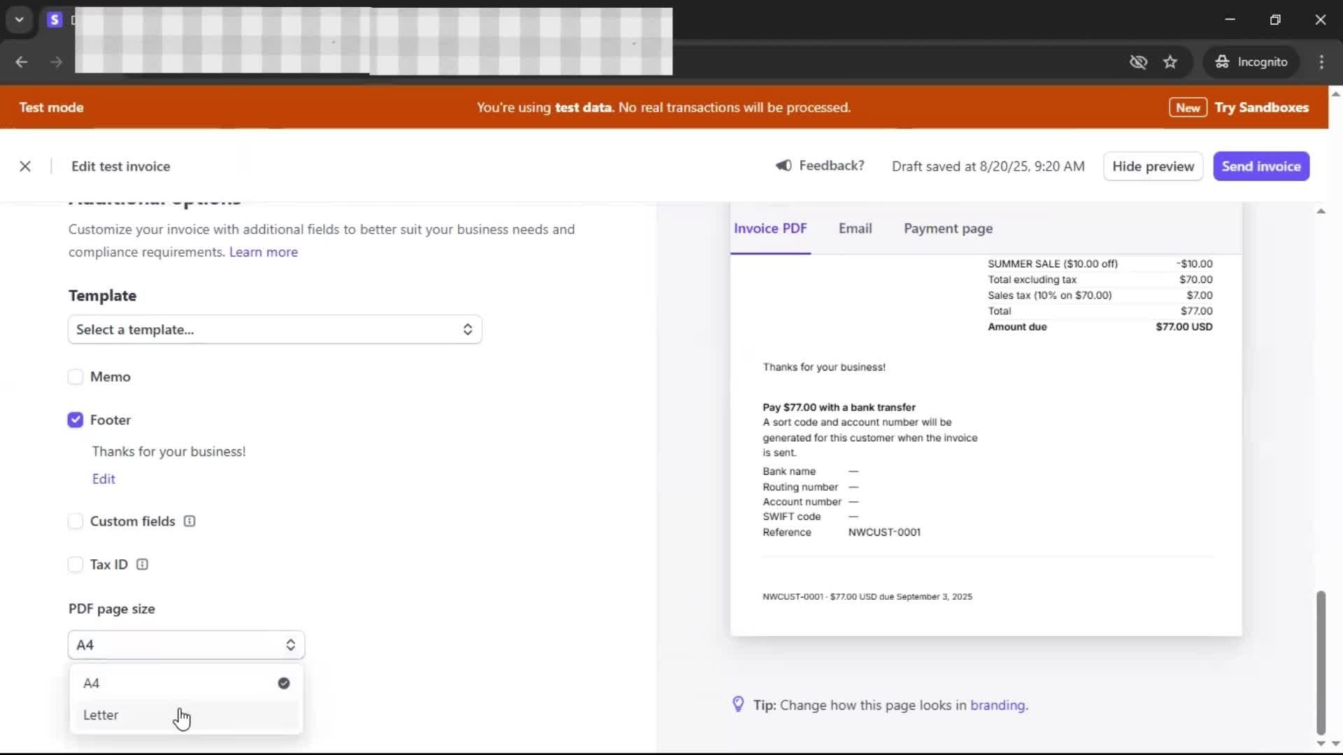 Creating an invoice screenshot