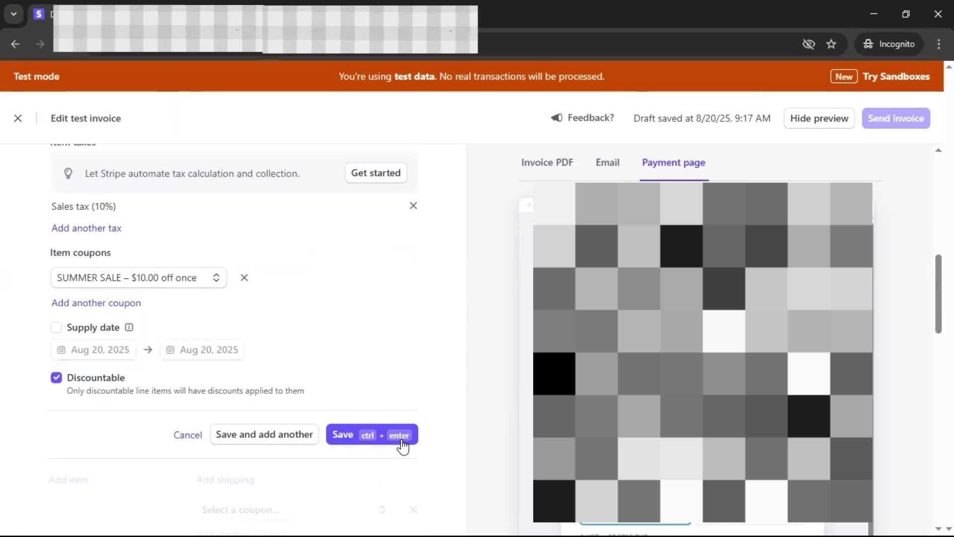 Creating an invoice screenshot
