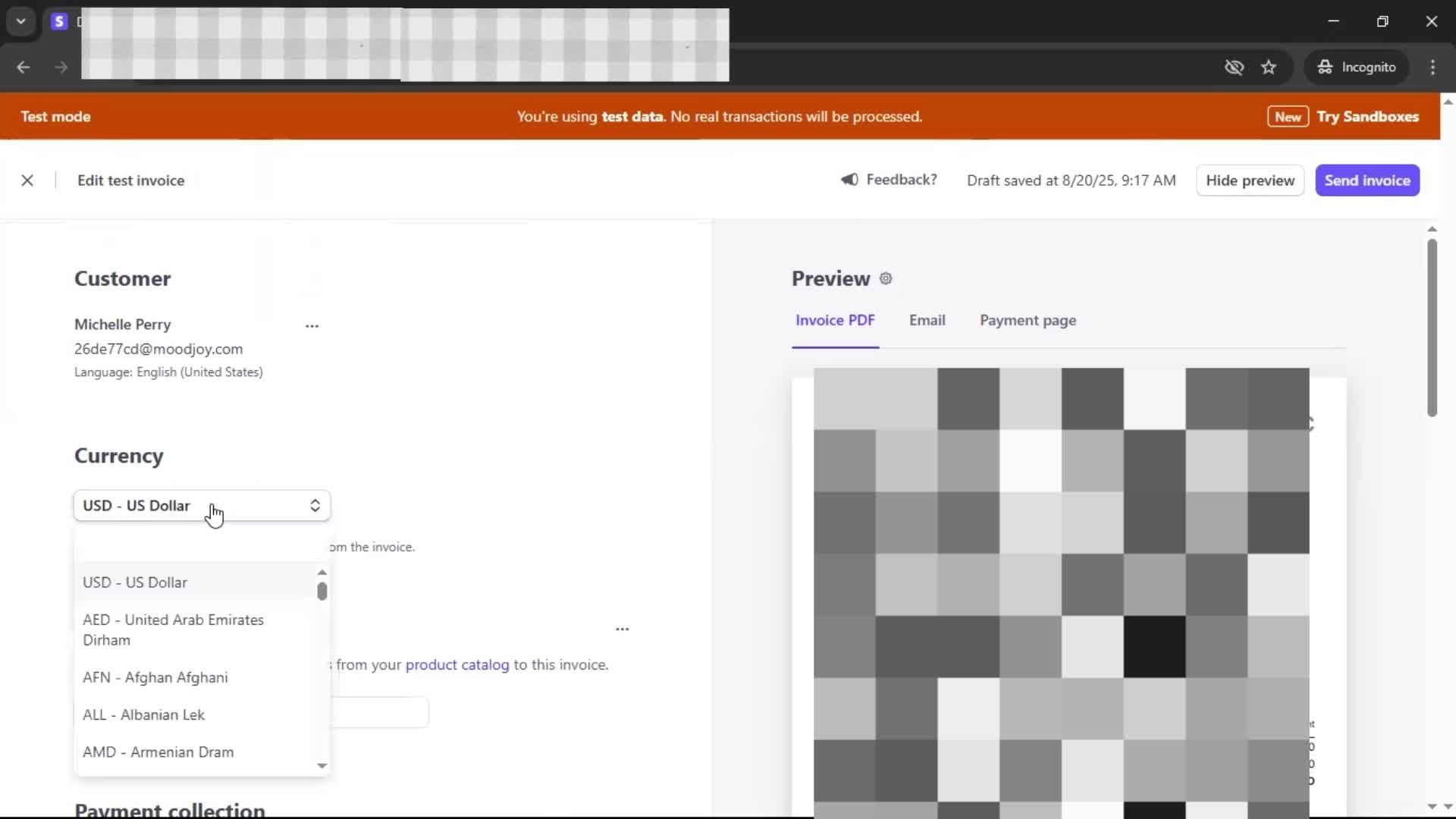 Creating an invoice screenshot