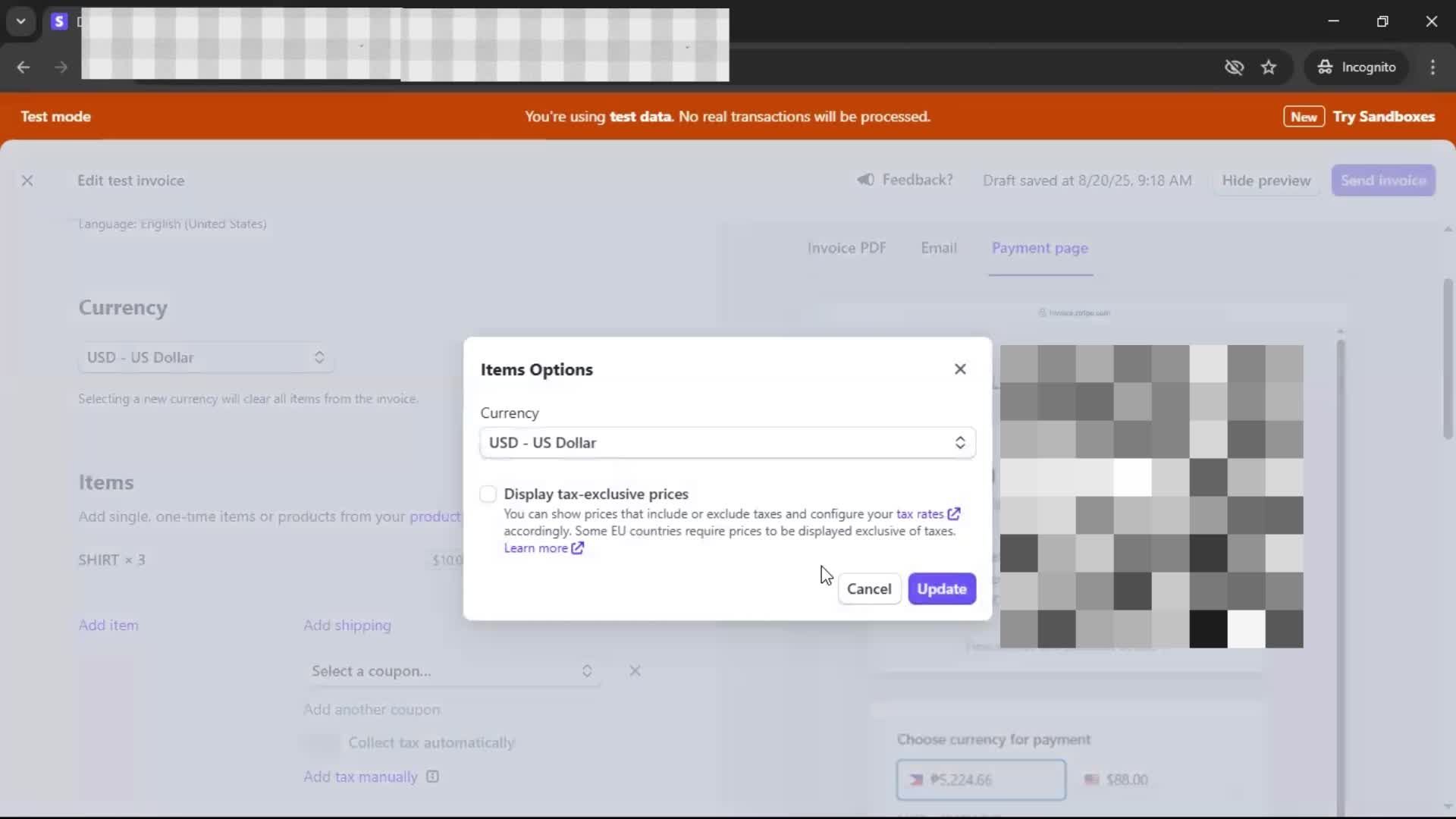 Creating an invoice screenshot