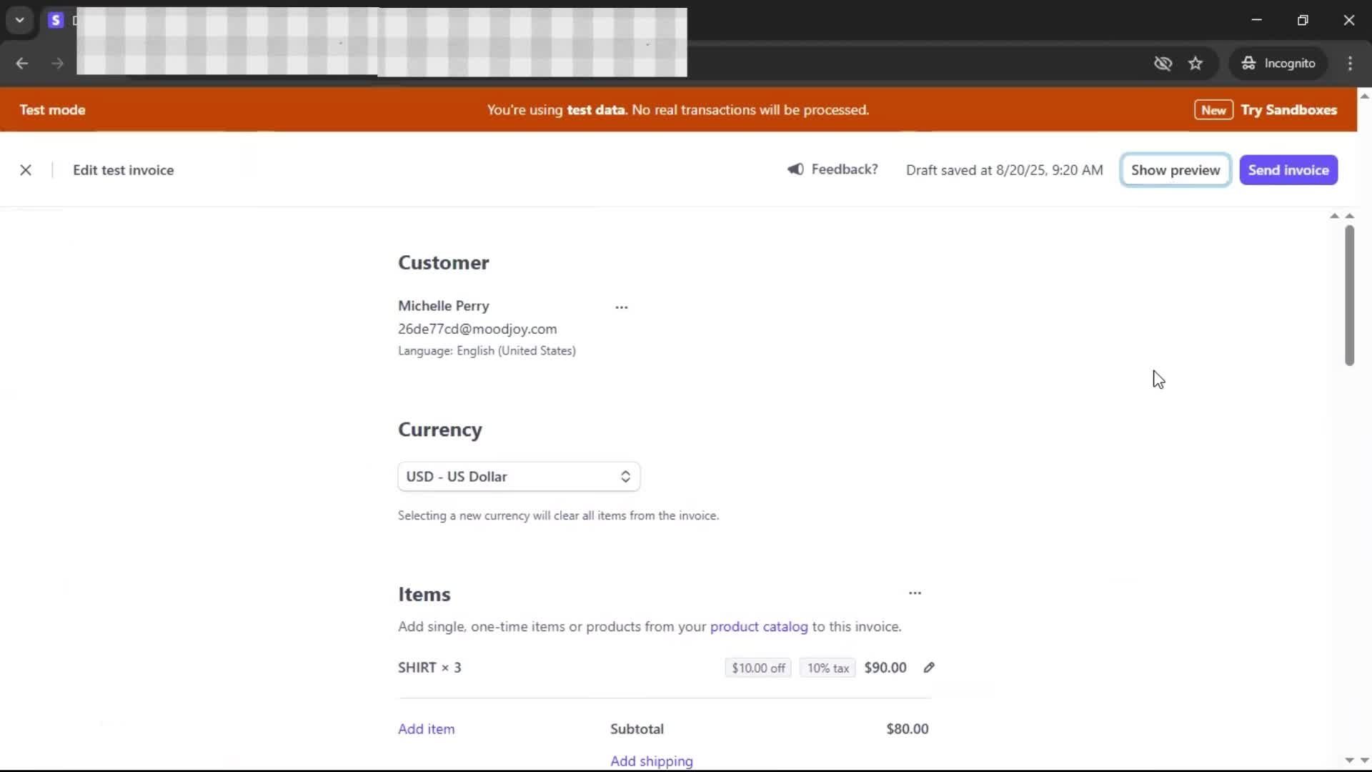 Creating an invoice screenshot