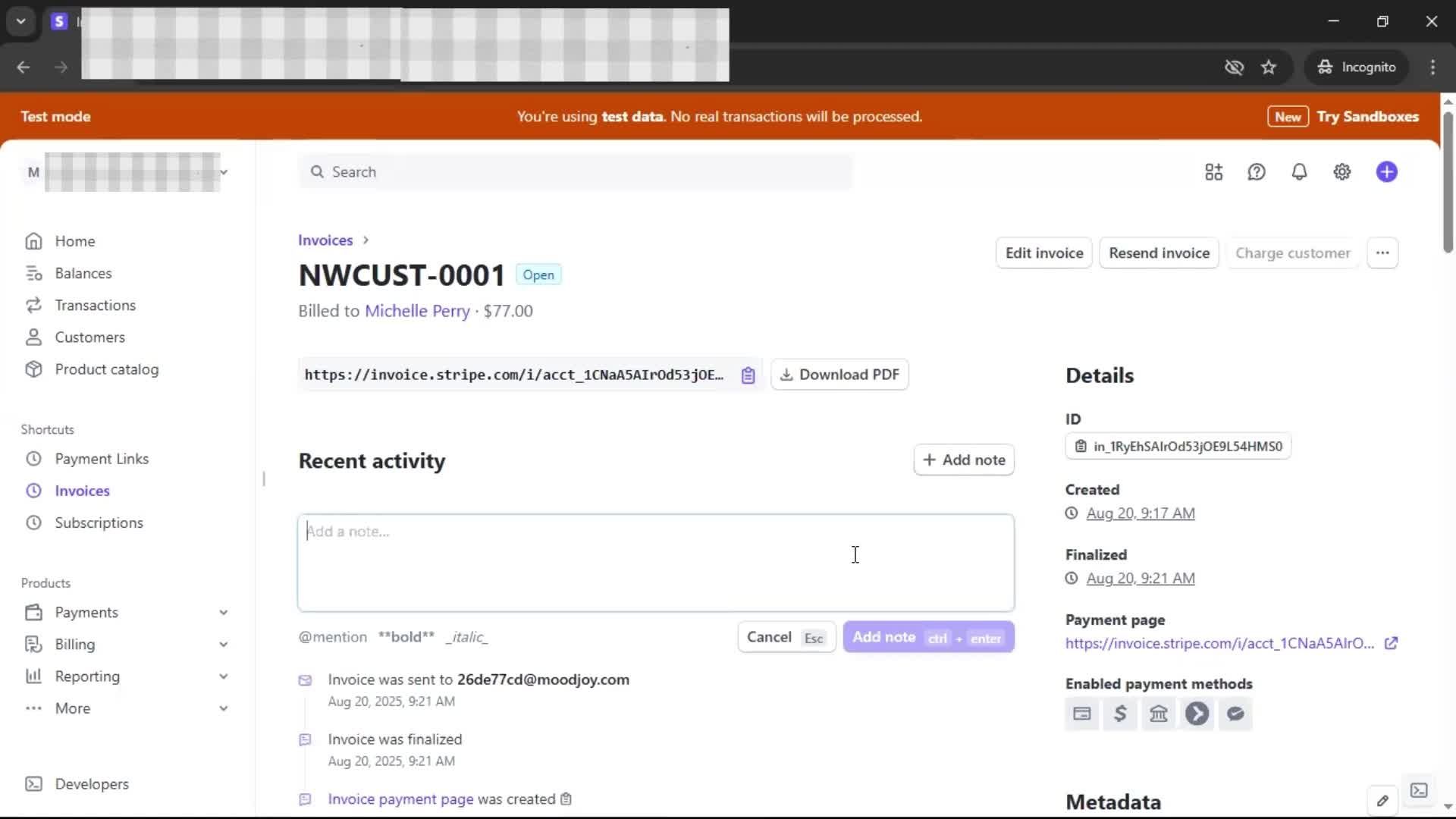 Creating an invoice screenshot