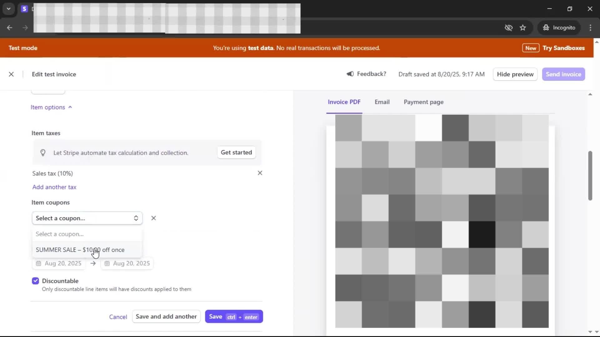 Creating an invoice screenshot