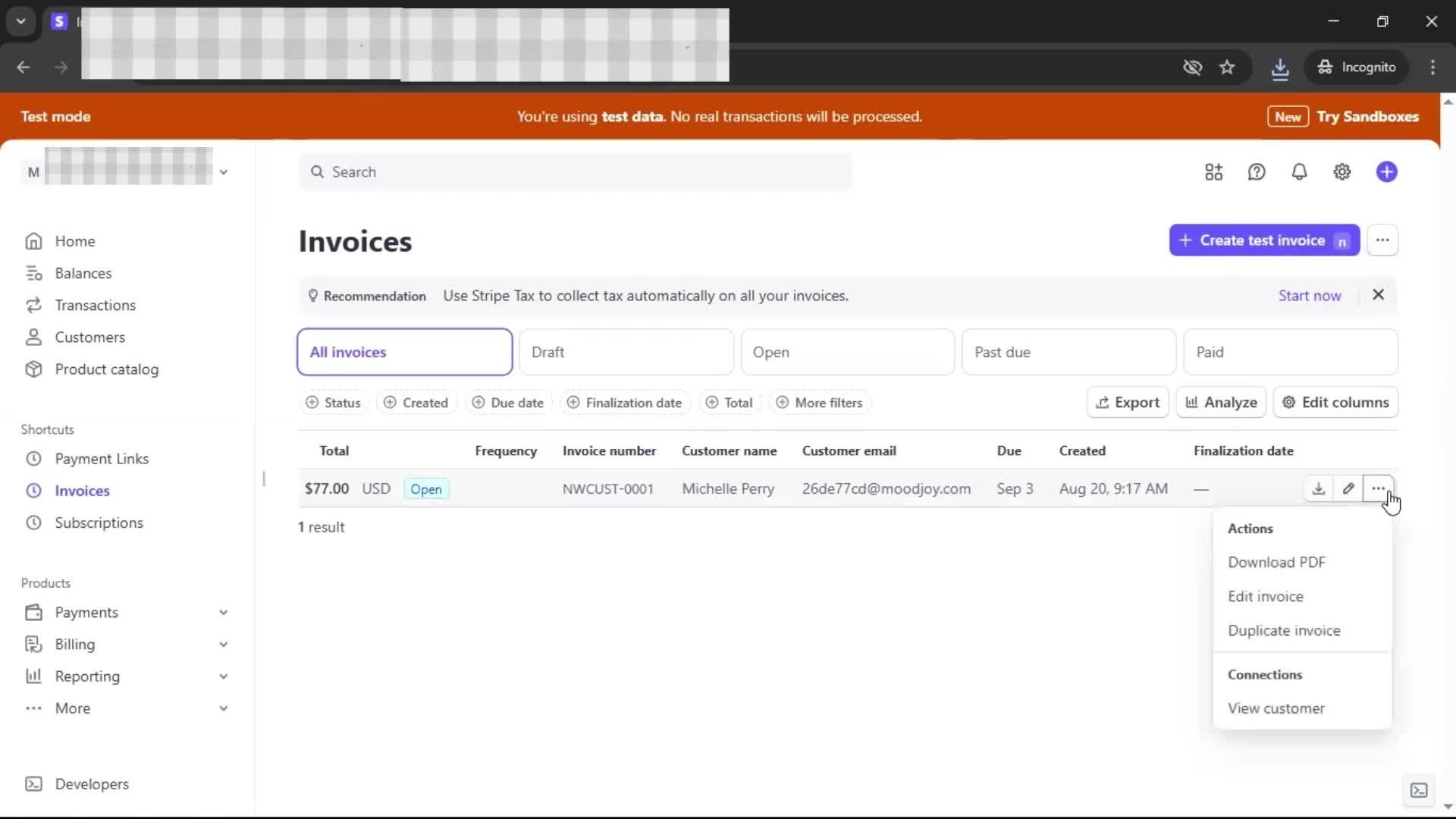 Creating an invoice screenshot