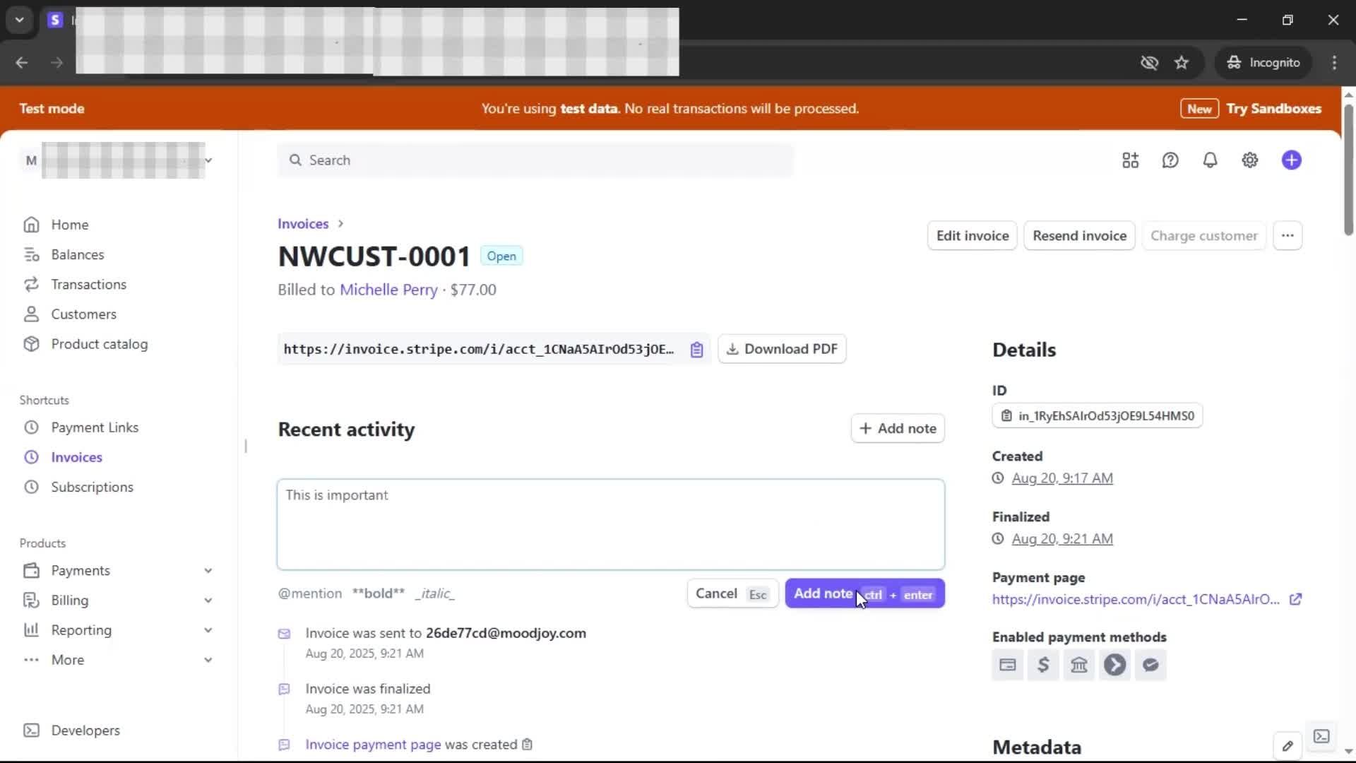 Creating an invoice screenshot