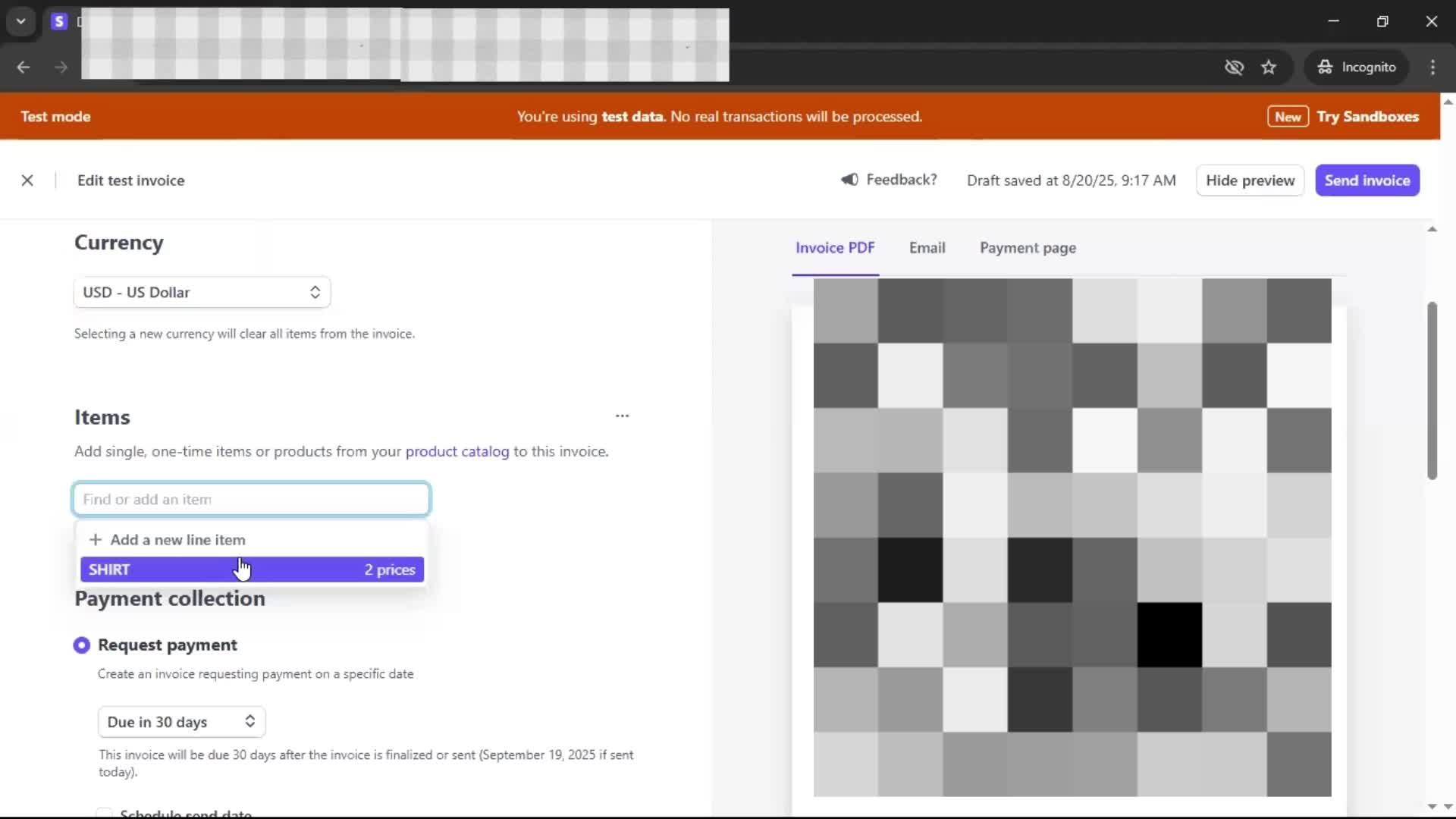 Creating an invoice screenshot