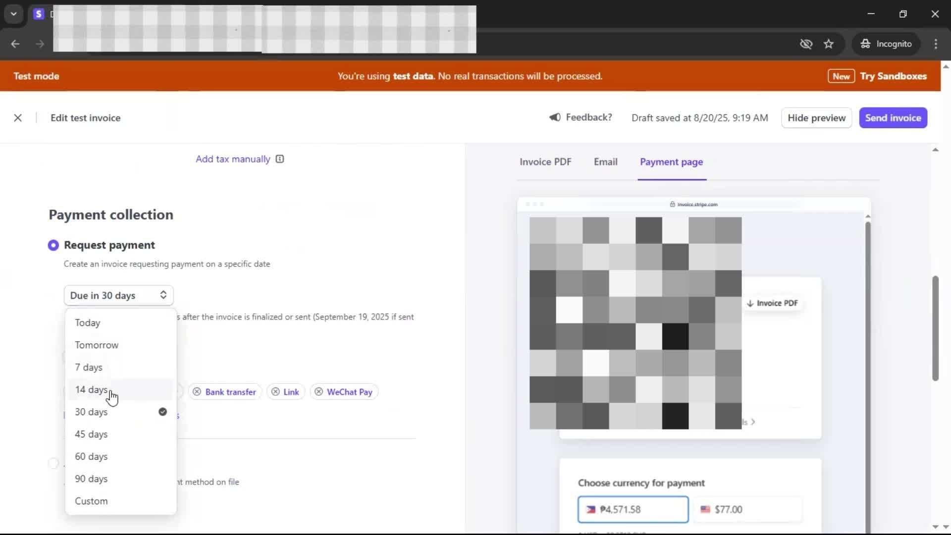 Creating an invoice screenshot
