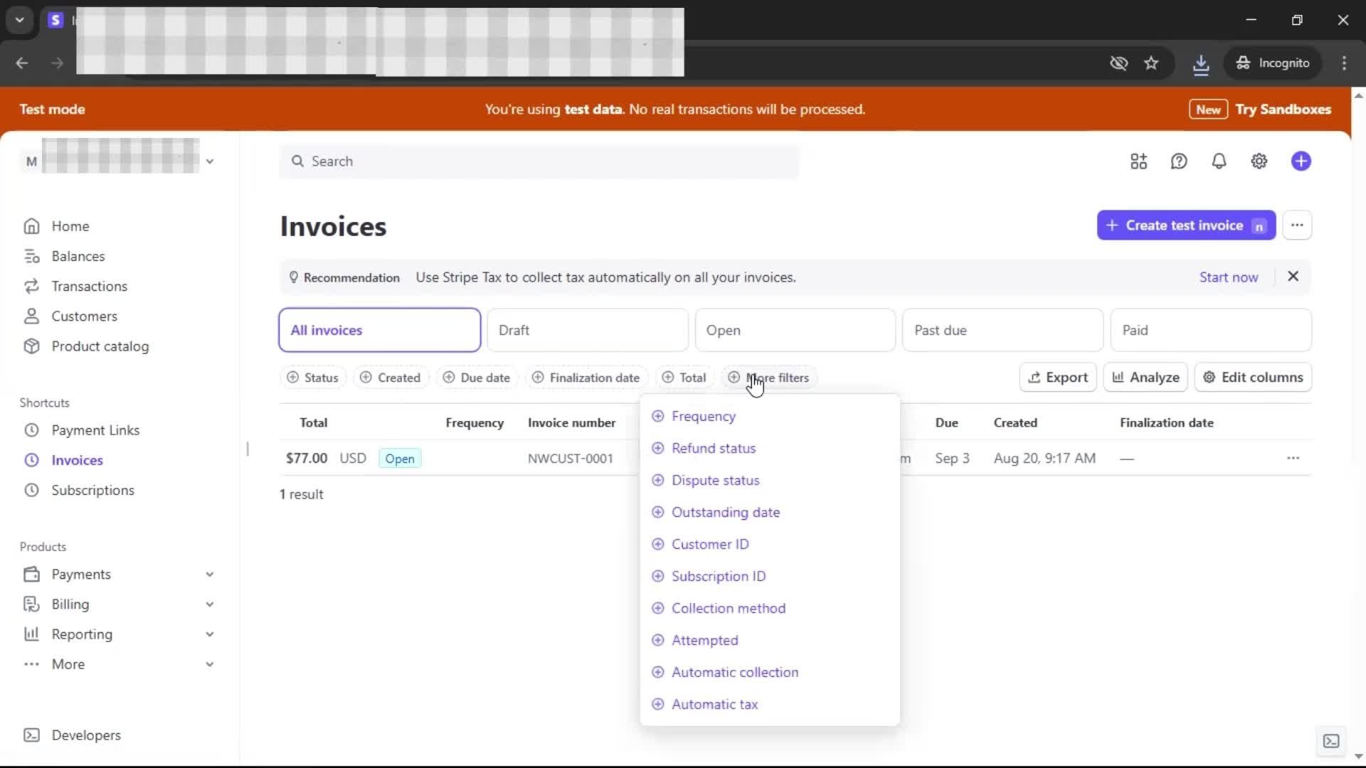Creating an invoice screenshot