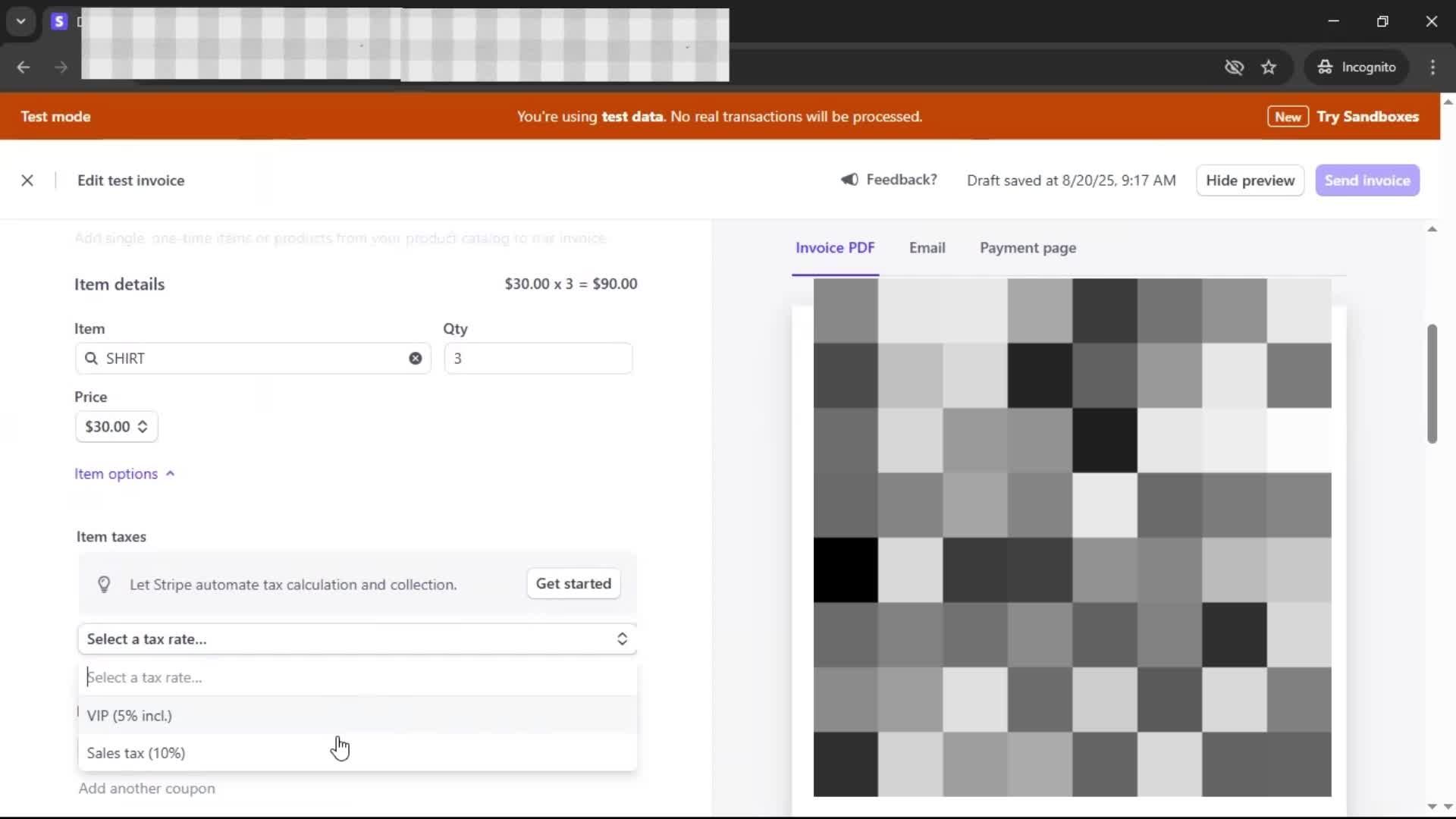 Creating an invoice screenshot