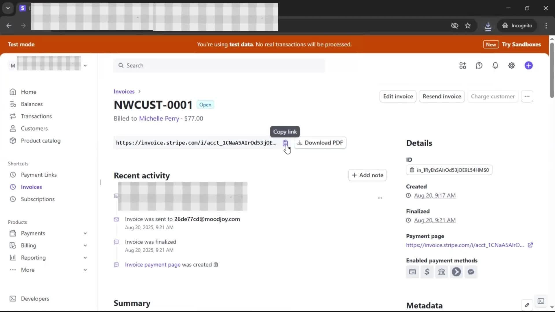 Creating an invoice screenshot