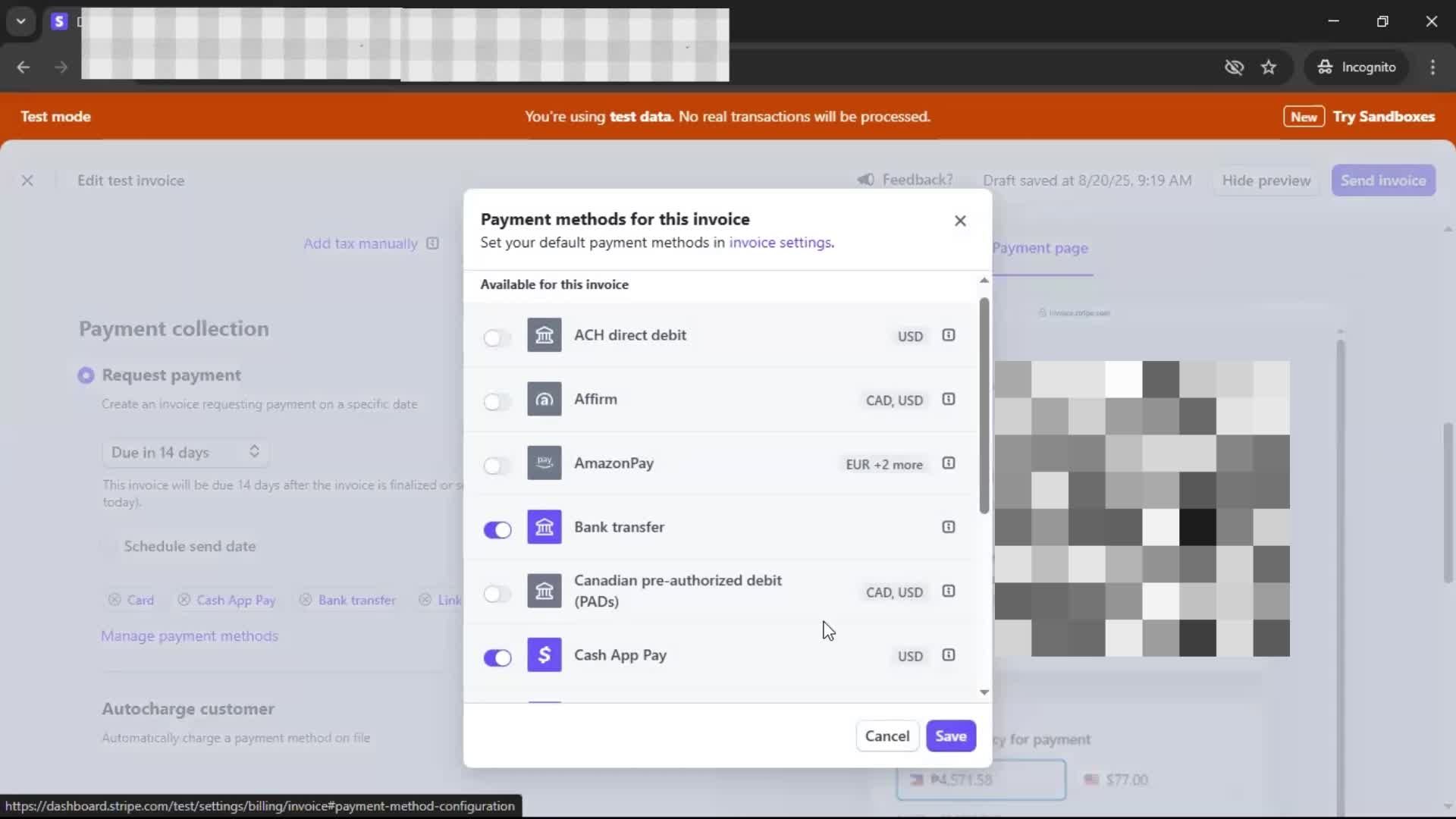 Creating an invoice screenshot