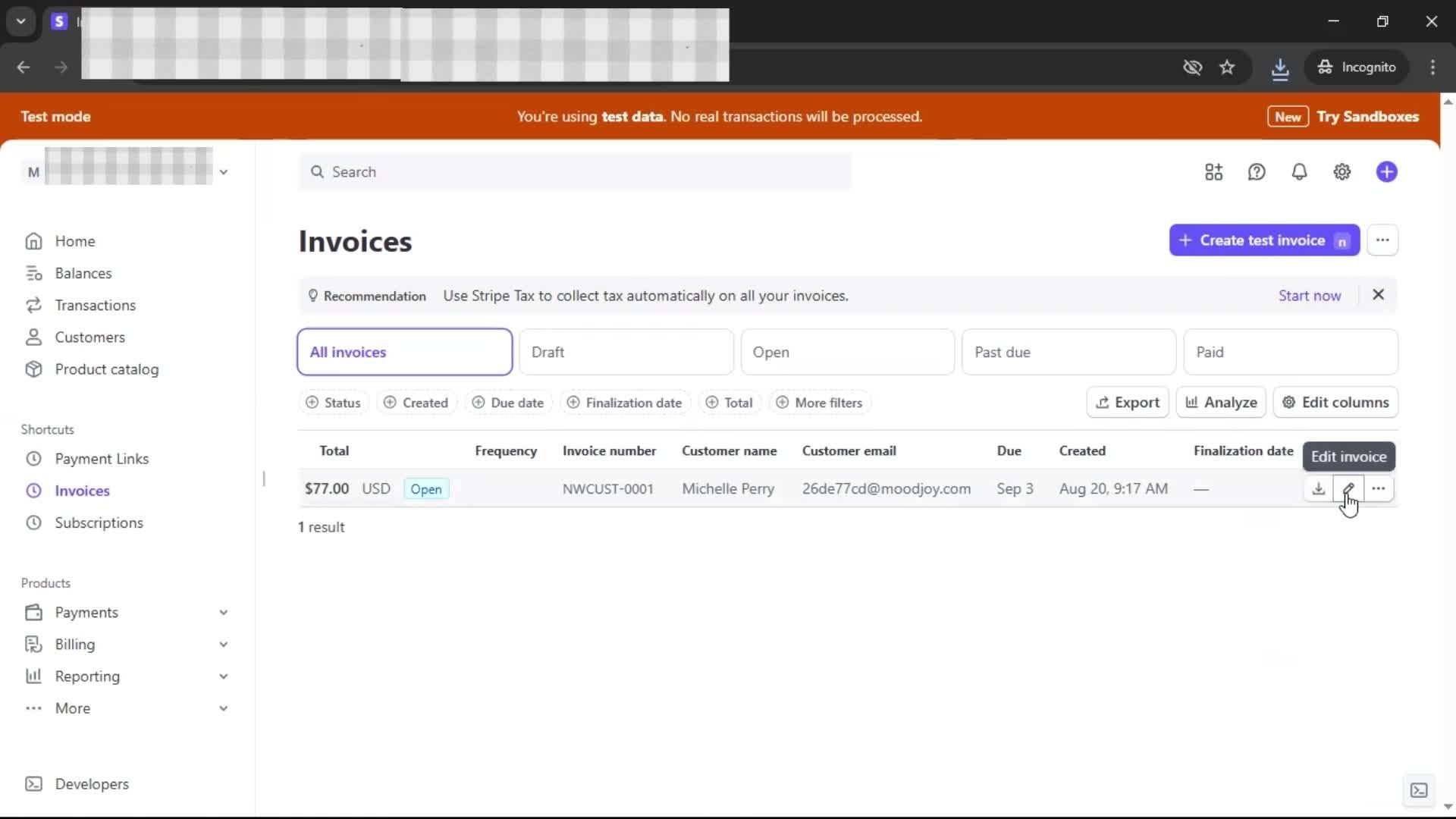 Creating an invoice screenshot