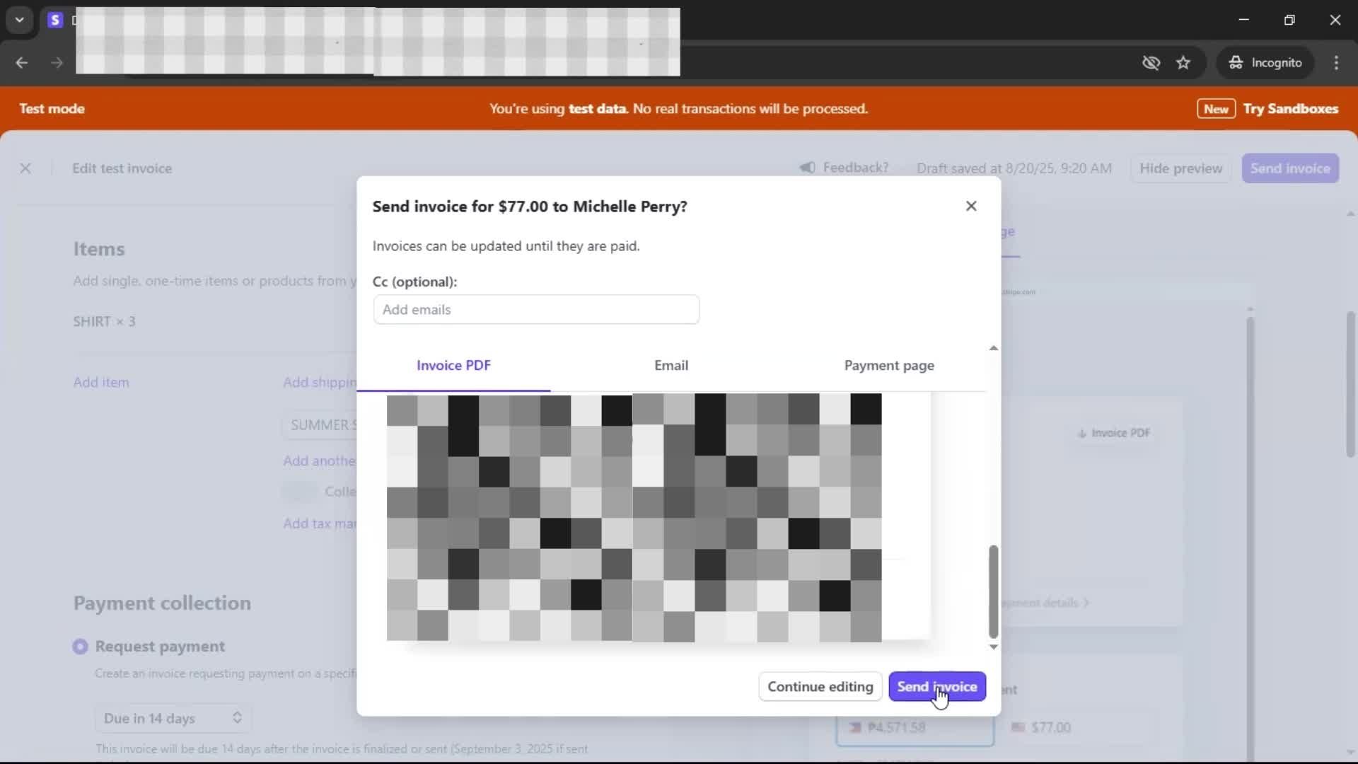 Creating an invoice screenshot