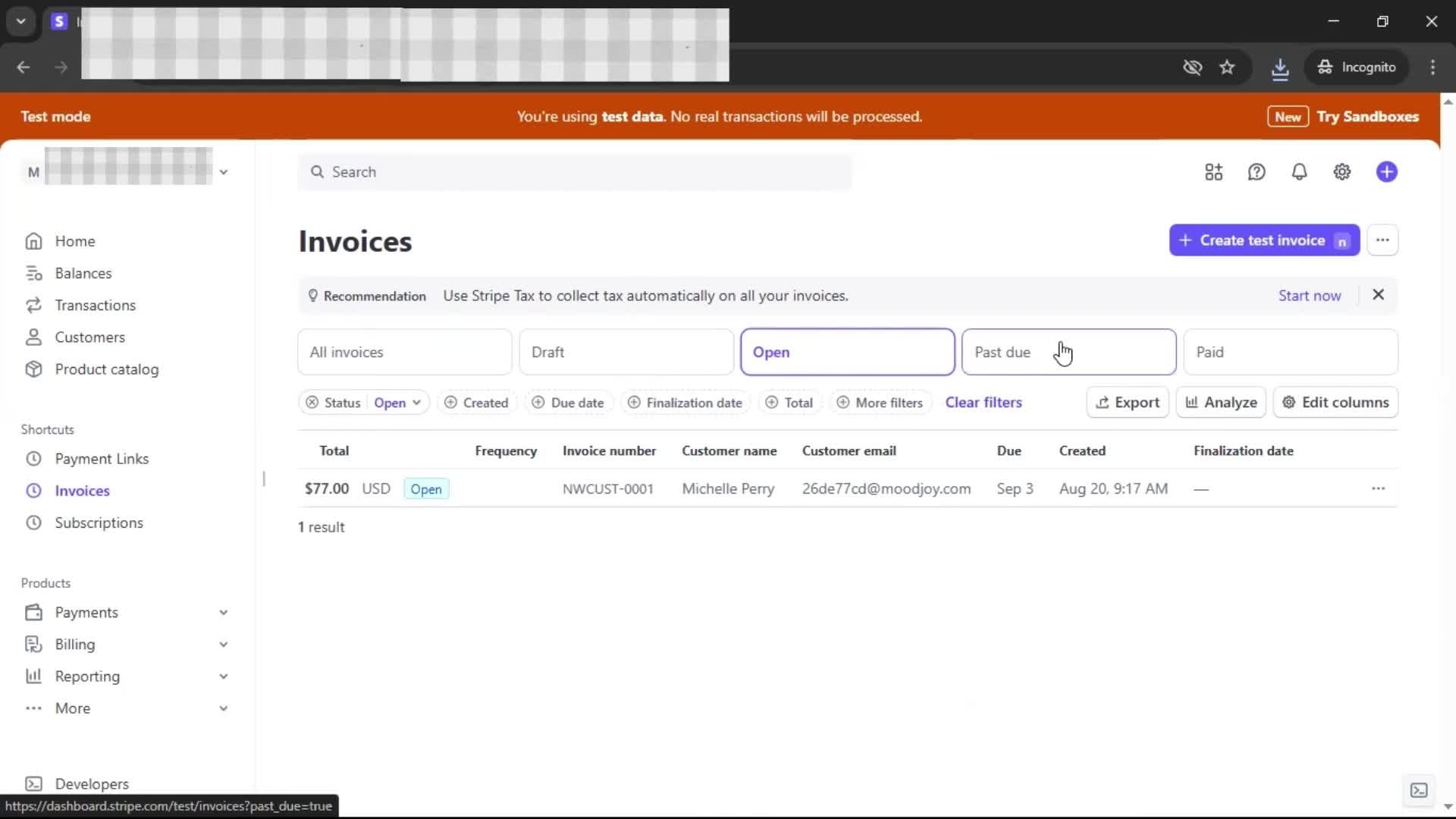 Creating an invoice screenshot