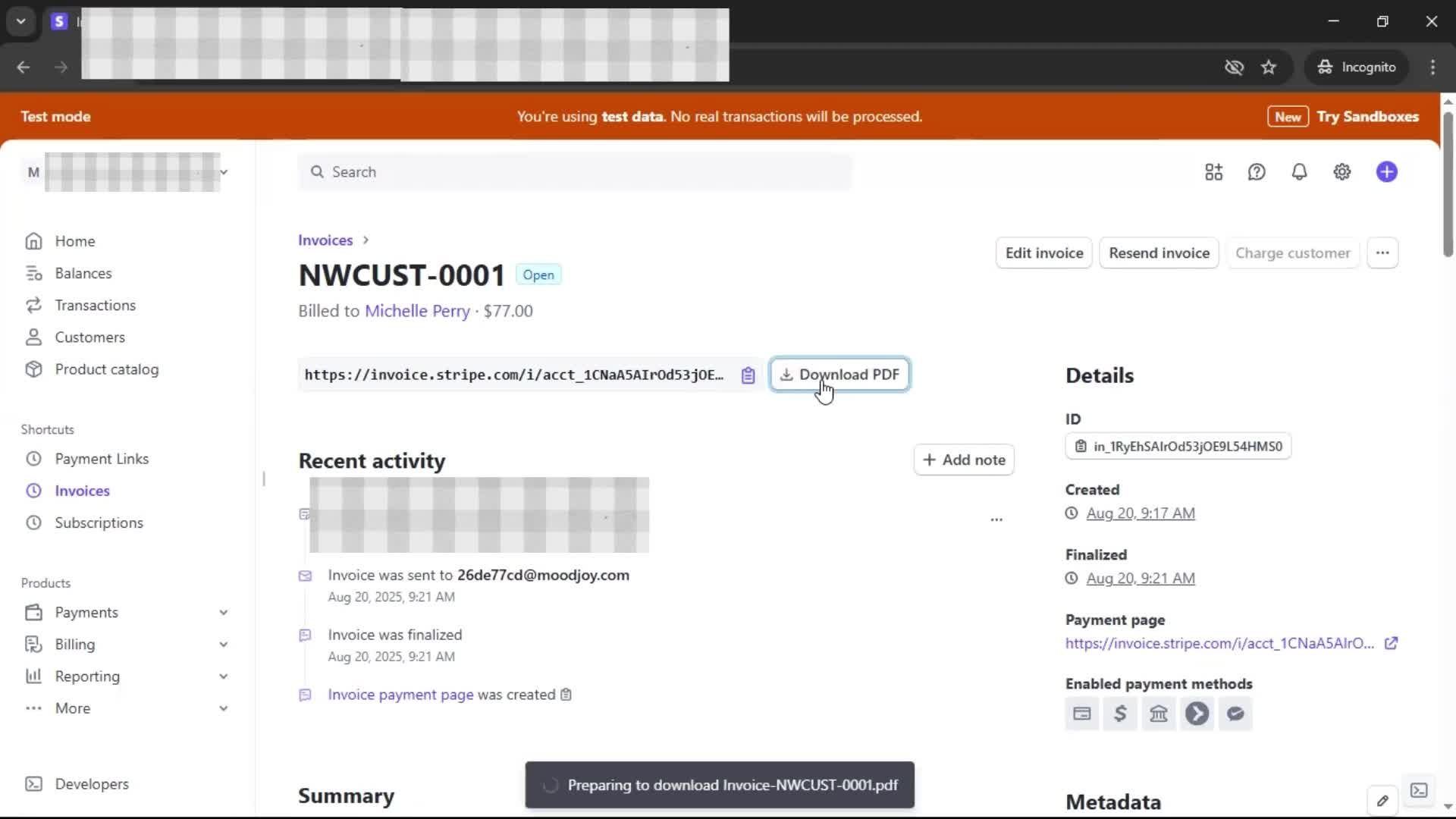 Creating an invoice screenshot