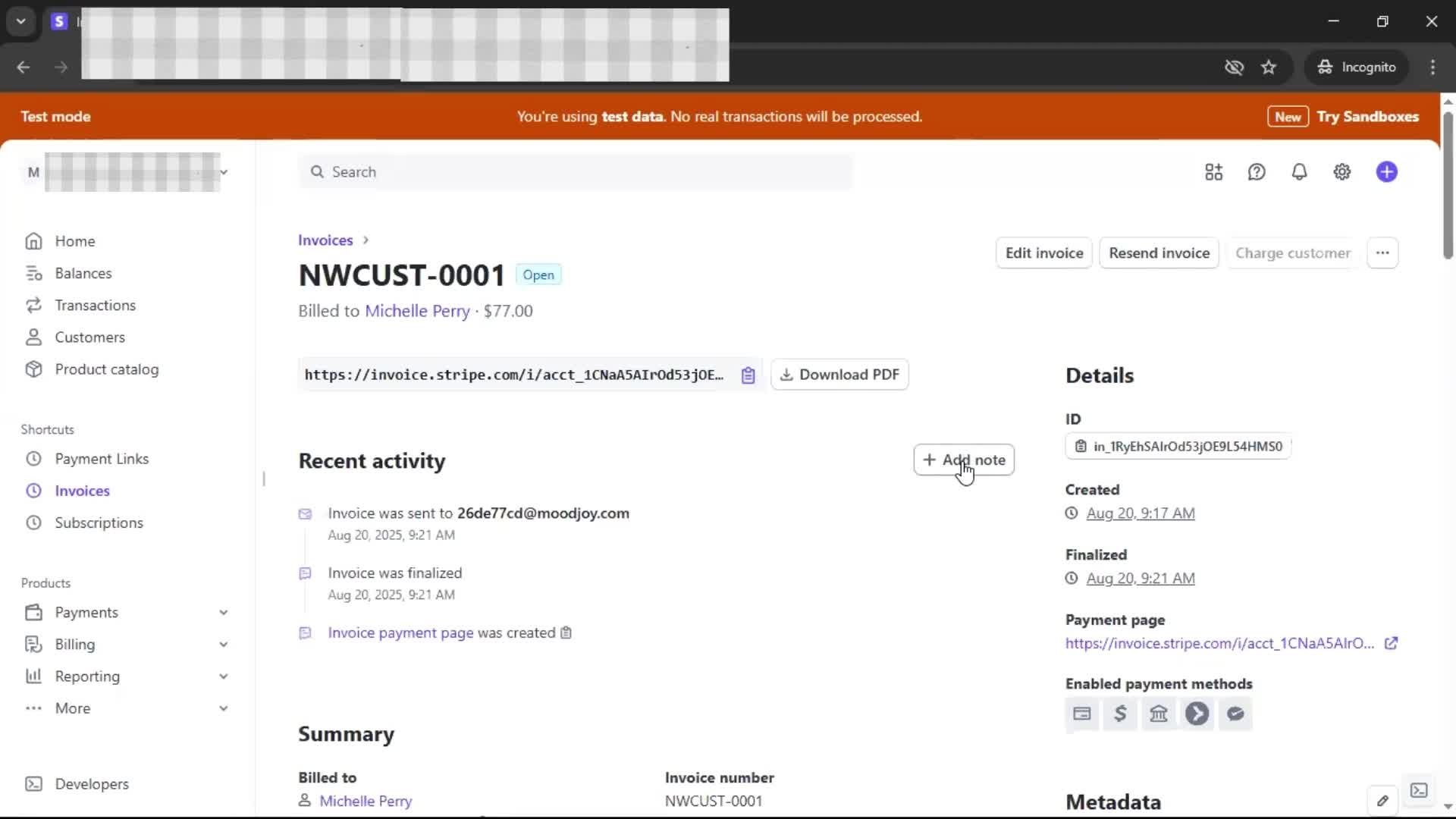 Creating an invoice screenshot