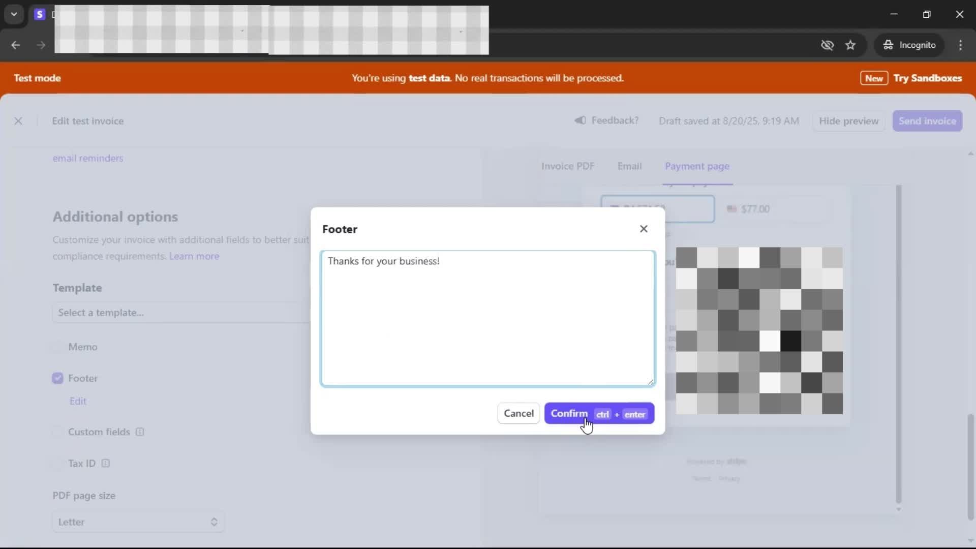 Creating an invoice screenshot