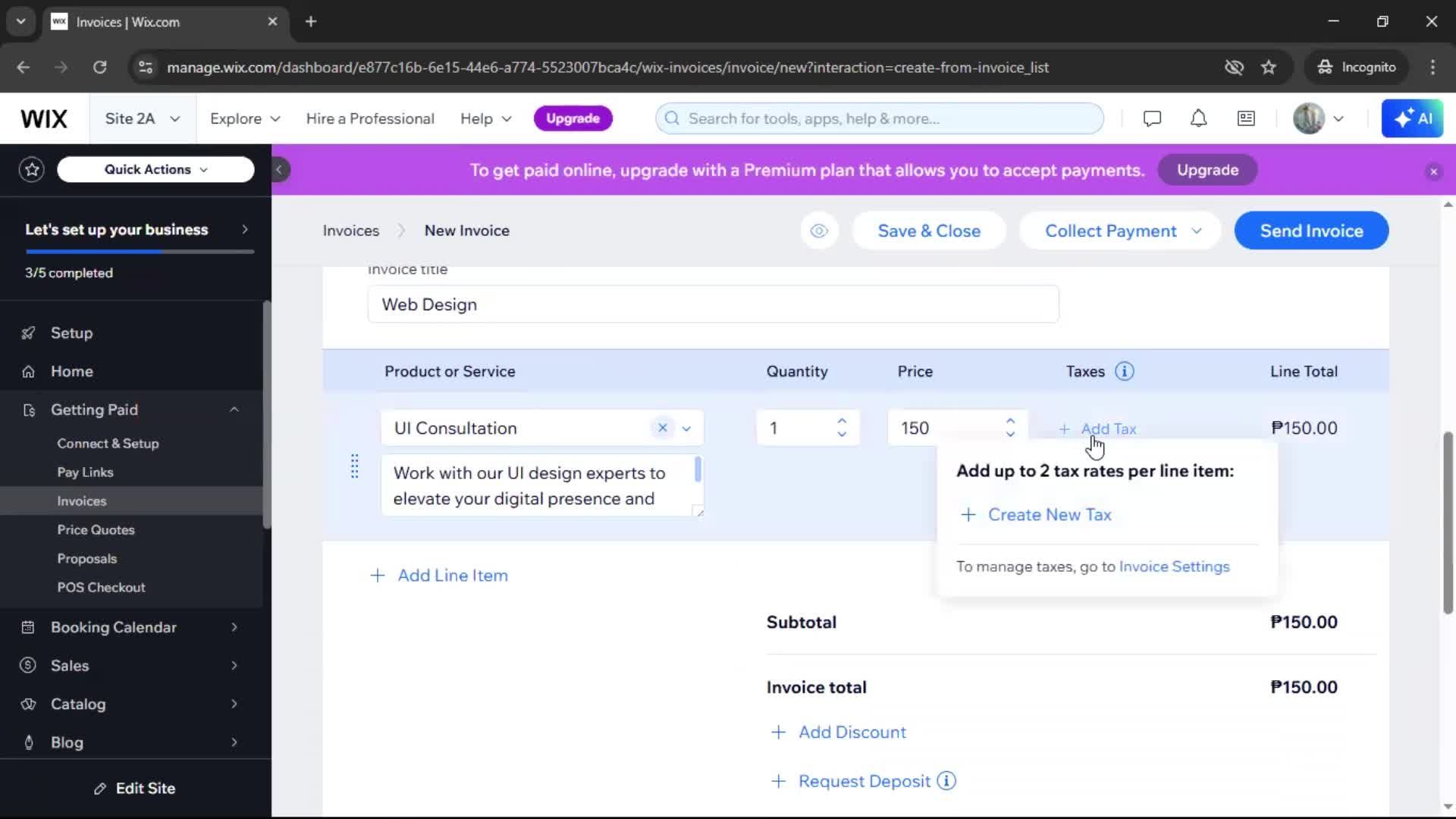 Creating an invoice screenshot