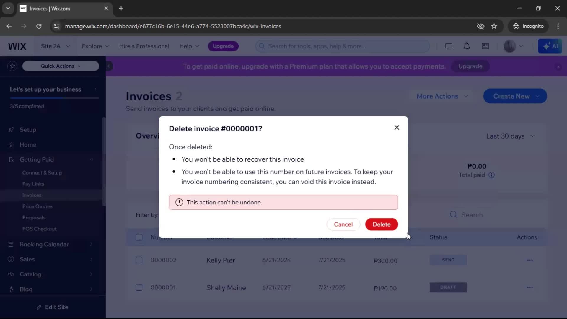 Creating an invoice screenshot