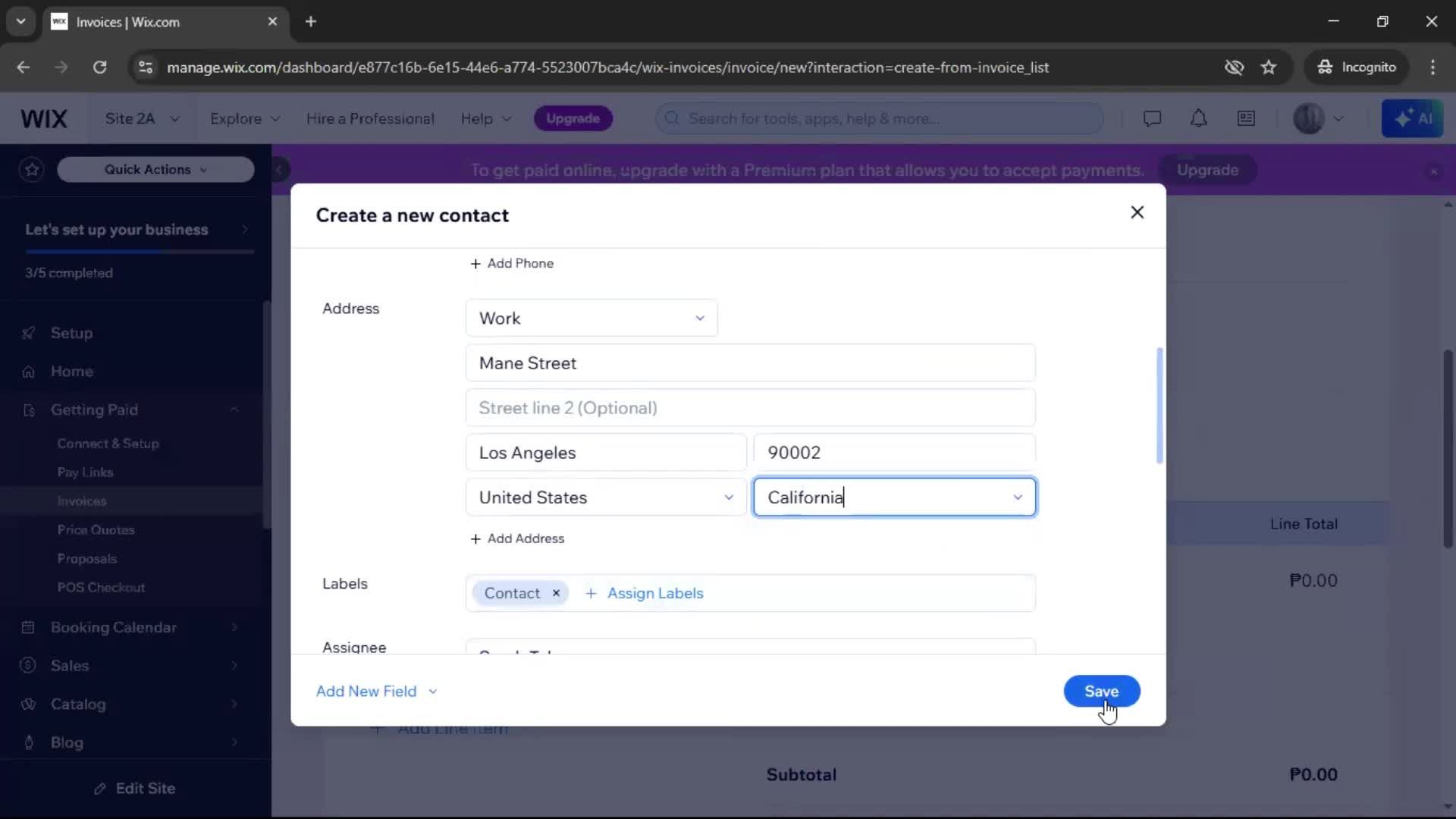 Creating an invoice screenshot