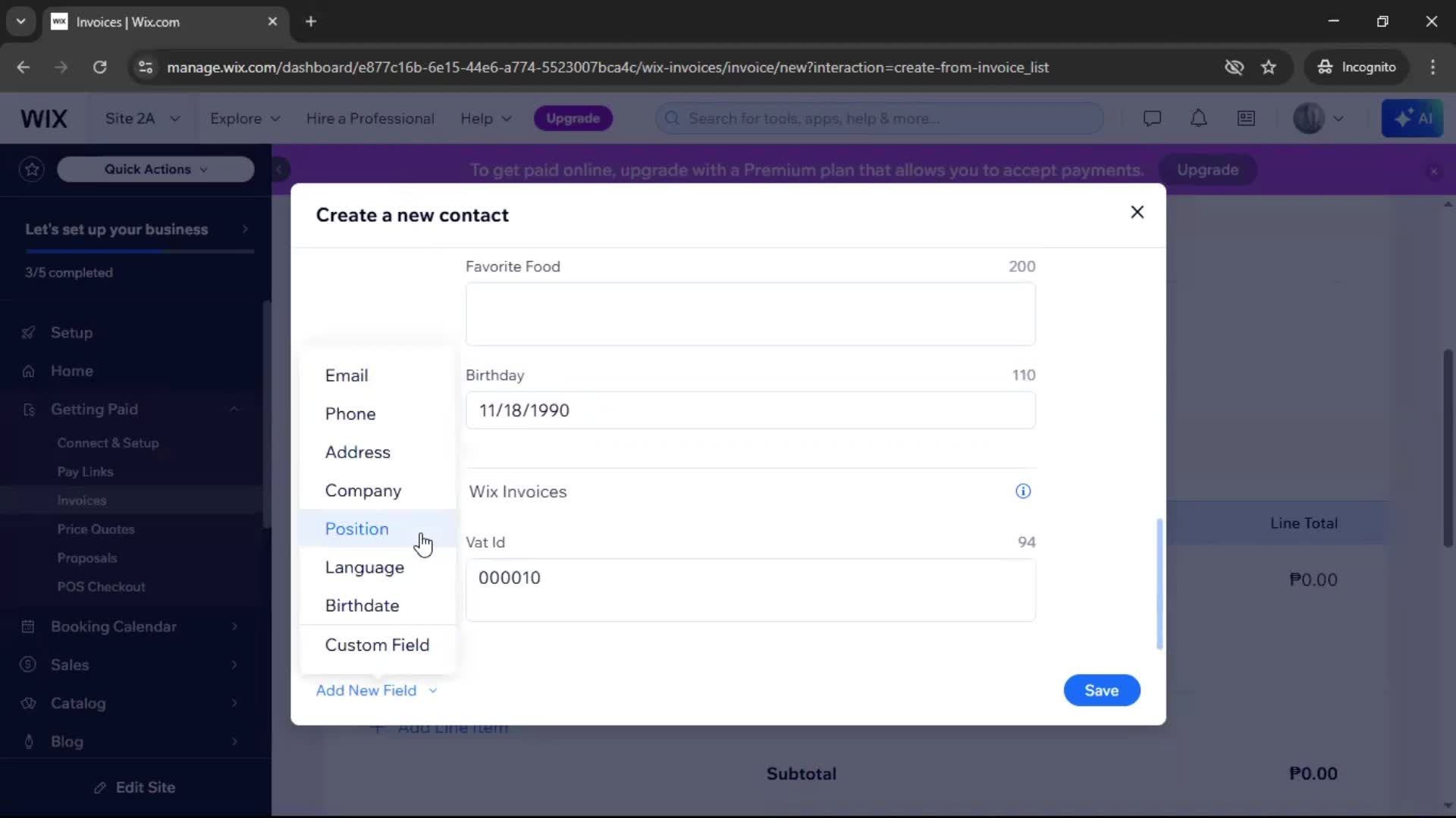 Creating an invoice screenshot