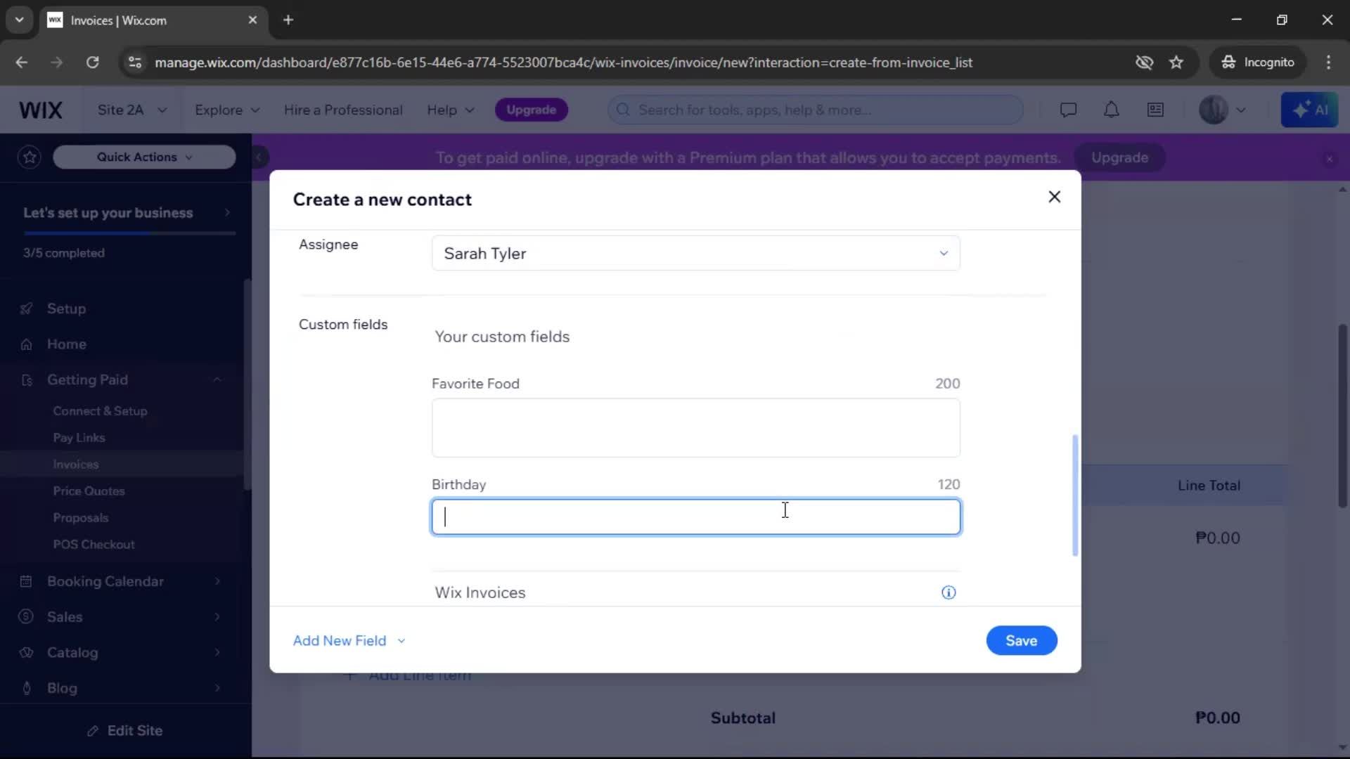 Creating an invoice screenshot