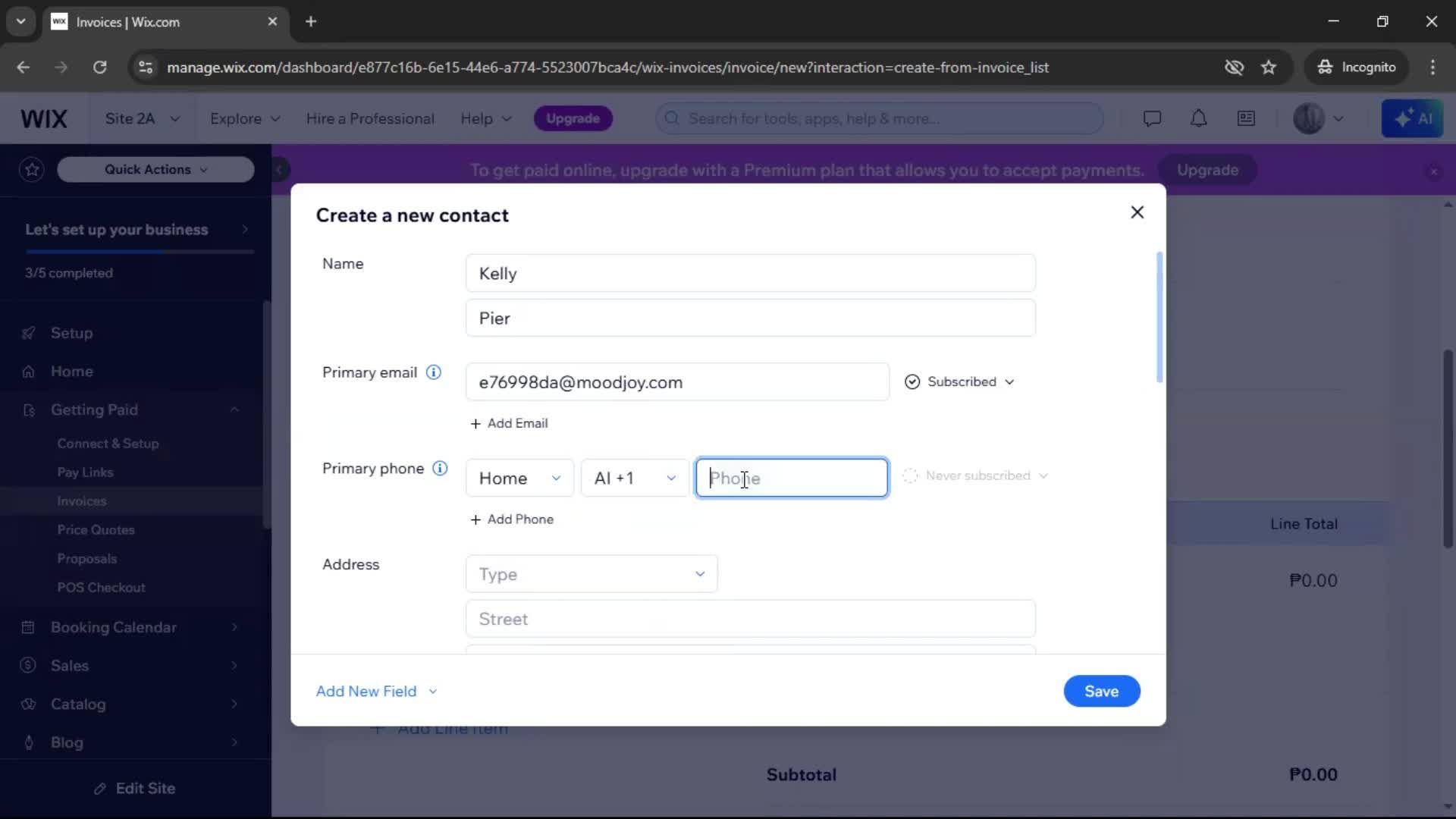 Creating an invoice screenshot