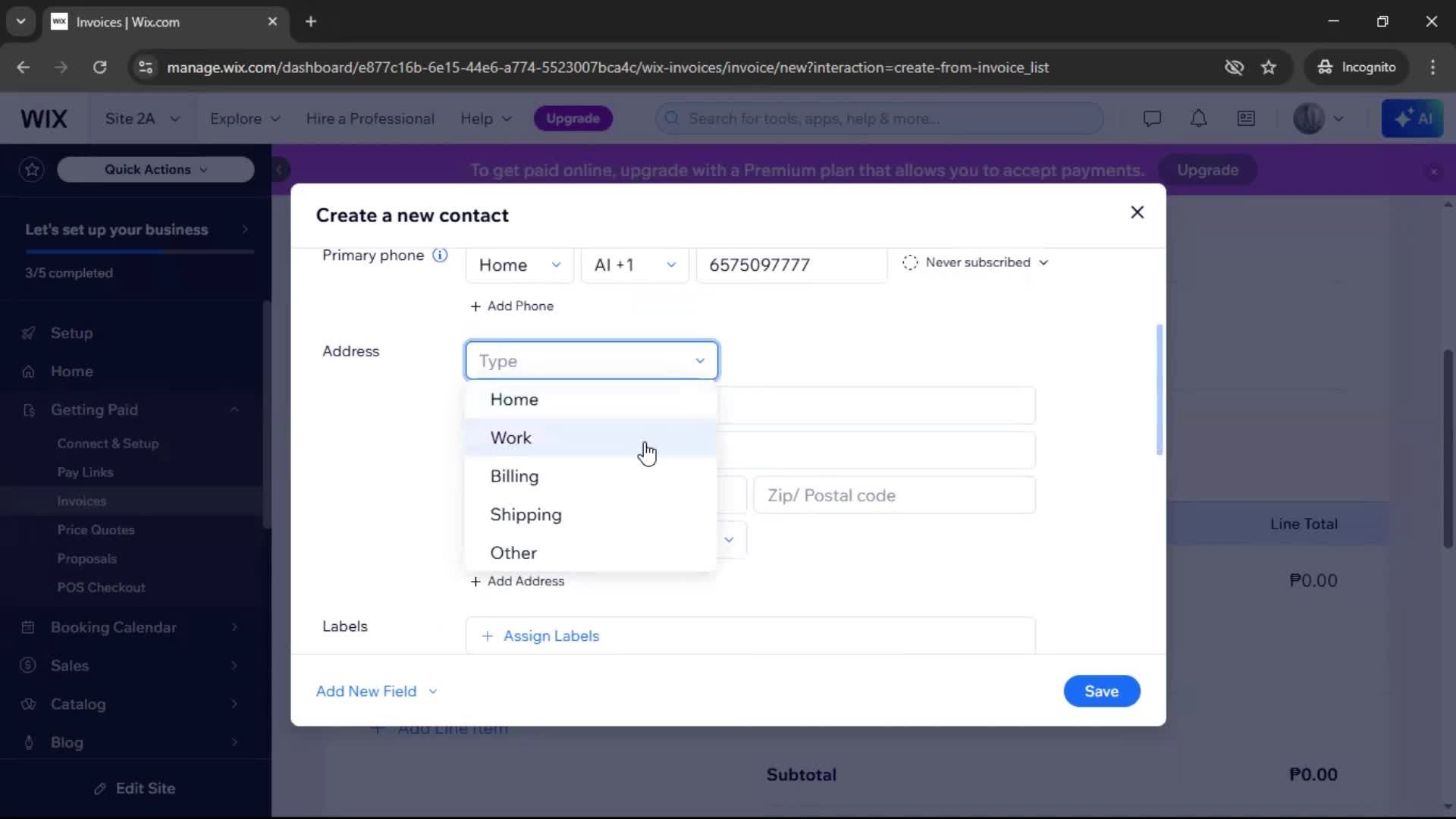Creating an invoice screenshot