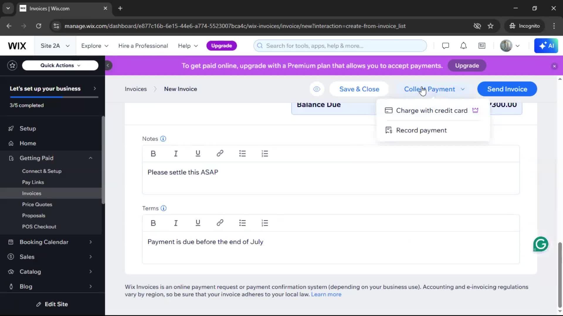 Creating an invoice screenshot