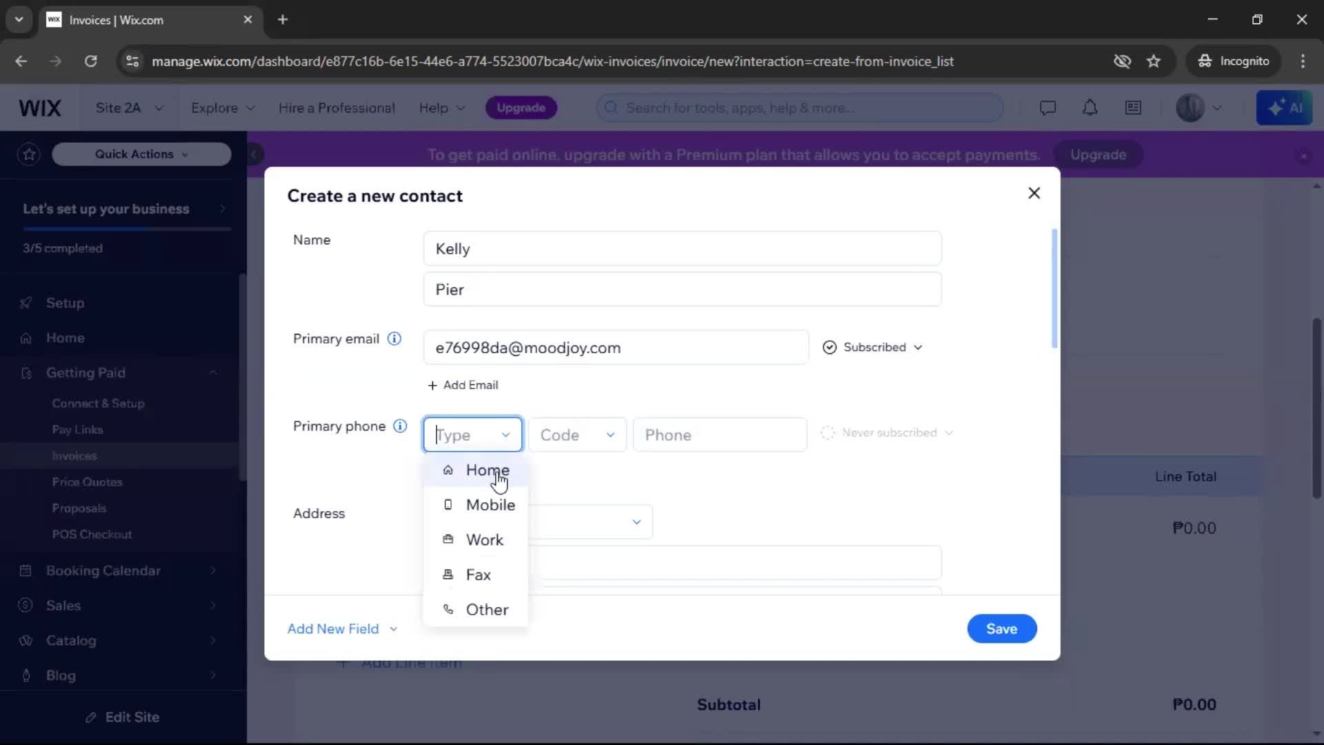 Creating an invoice screenshot