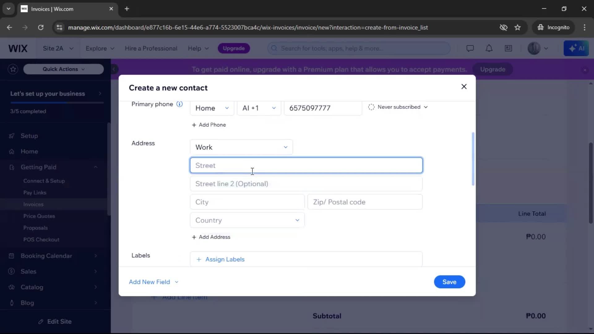 Creating an invoice screenshot