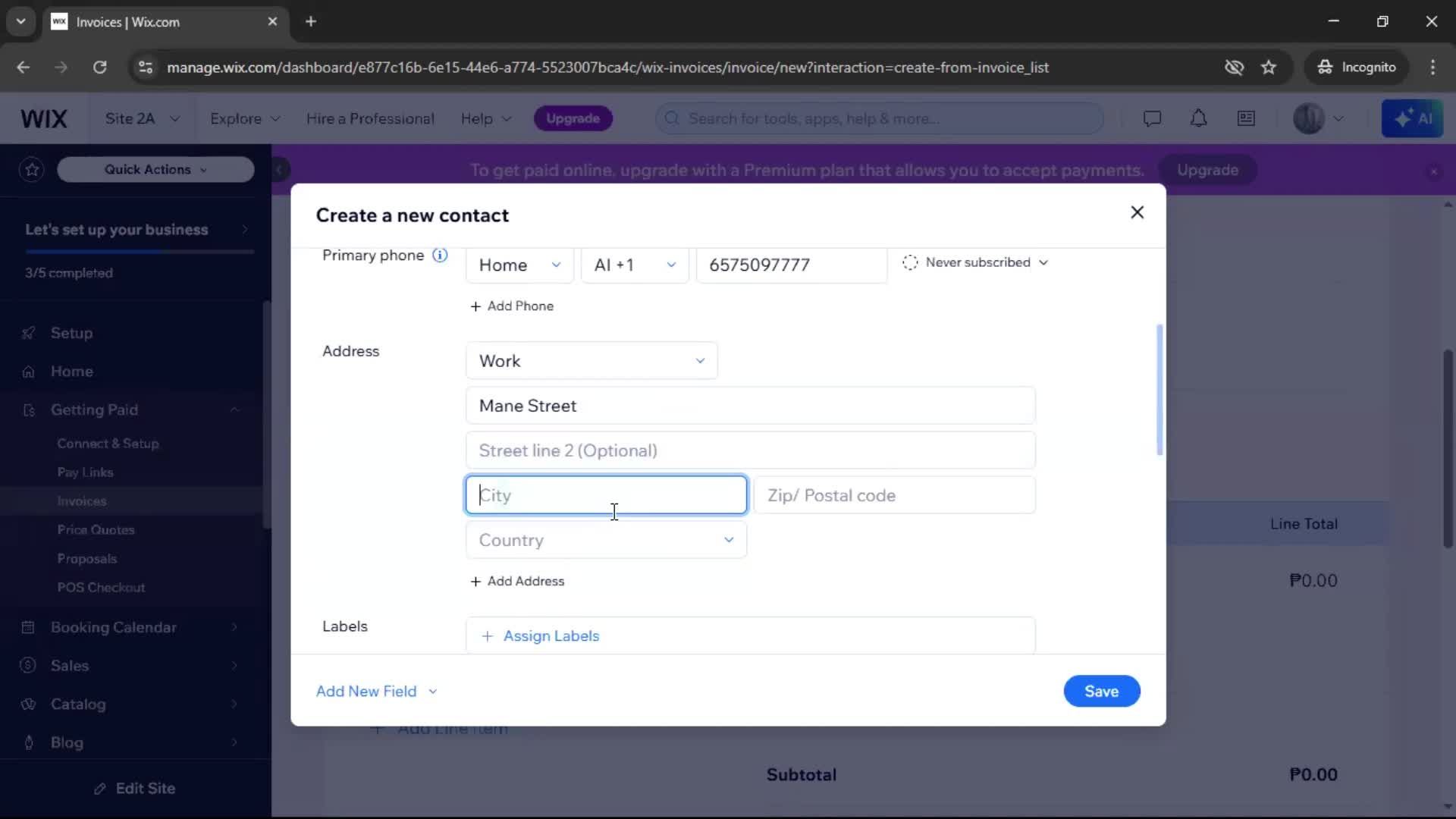 Creating an invoice screenshot
